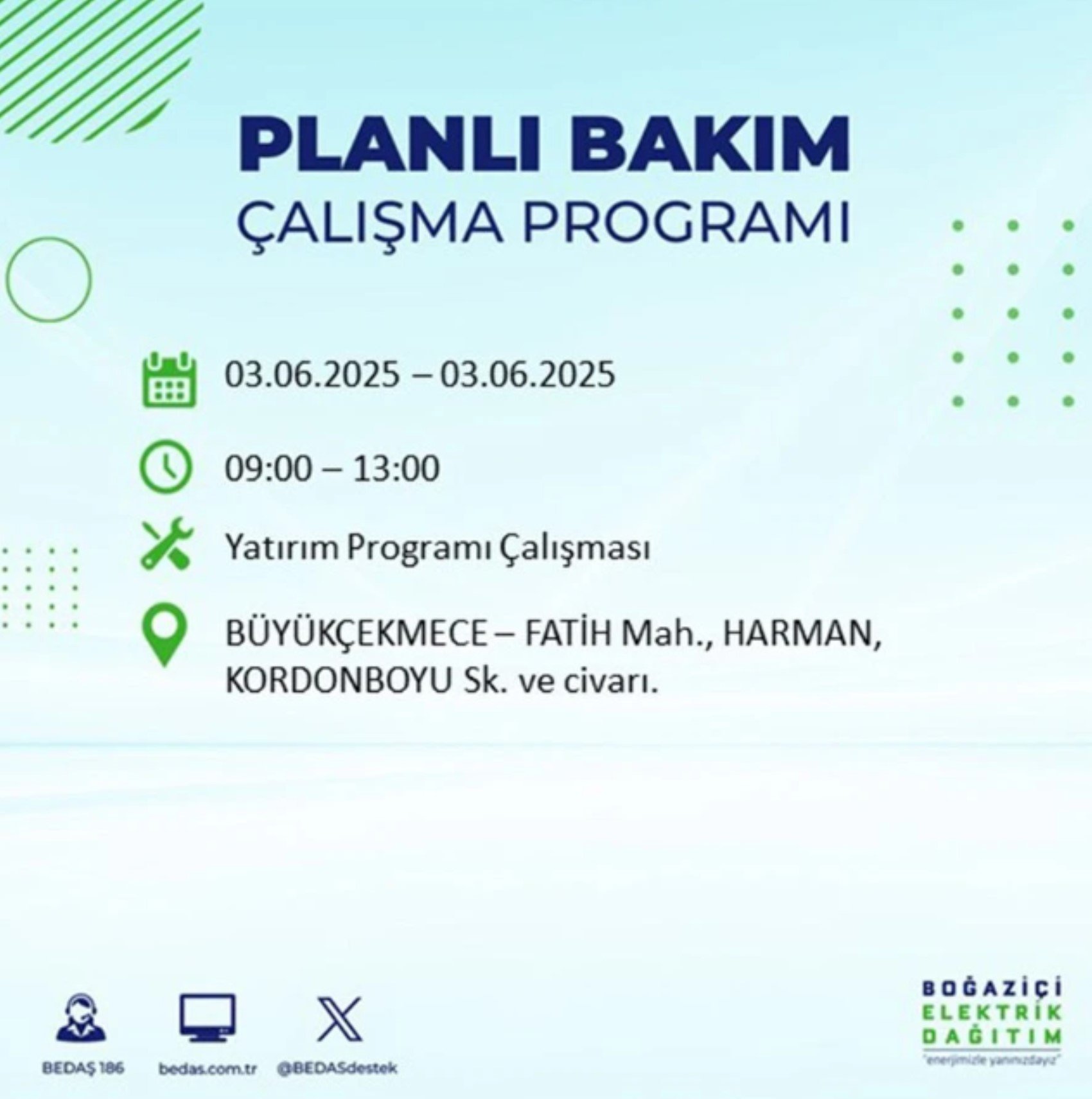 BEDAŞ paylaştı: İstanbul'da 3 Haziran Salı günü elektrik kesintisi yaşanacak ilçeler