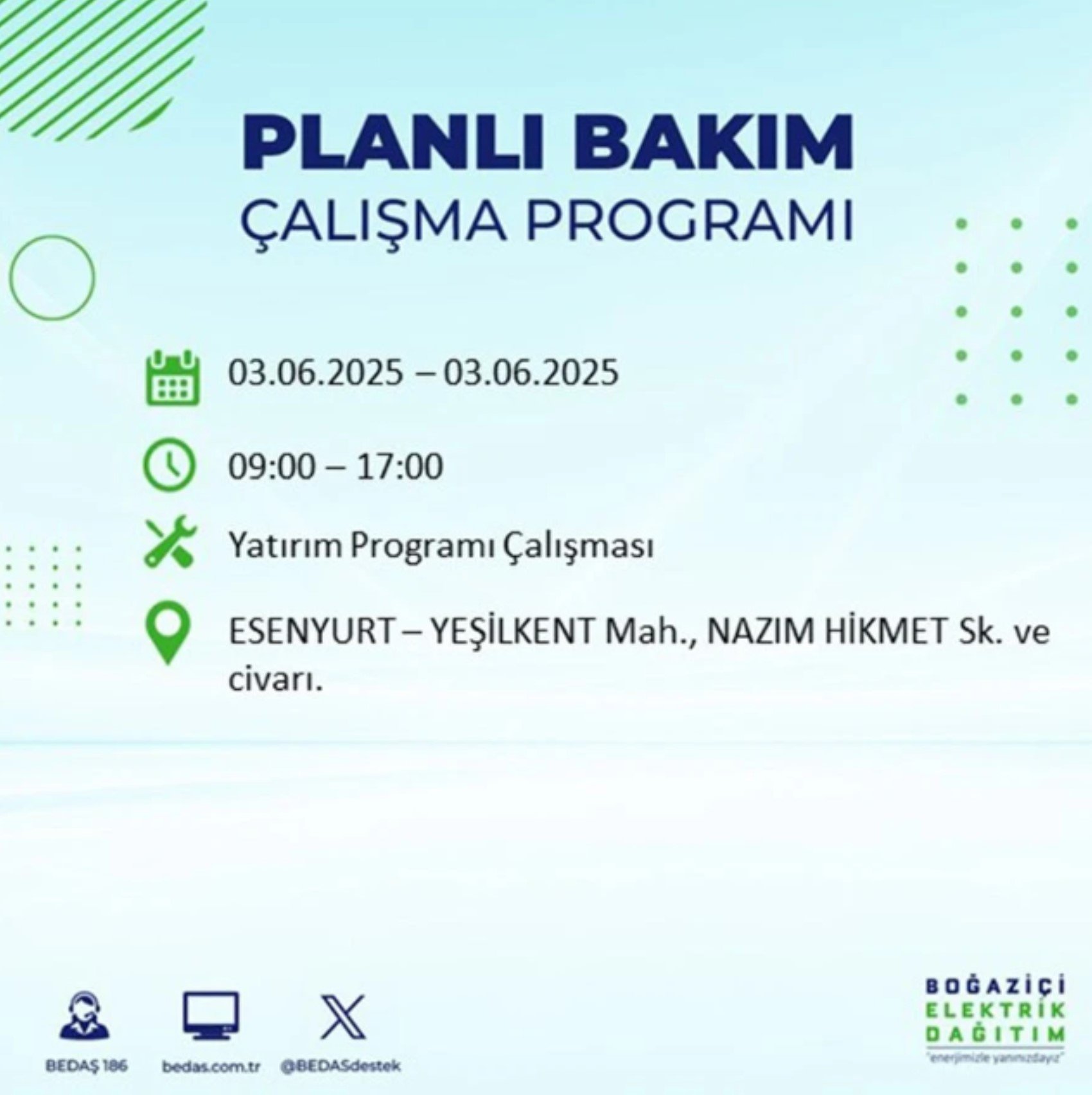 BEDAŞ paylaştı: İstanbul'da 3 Haziran Salı günü elektrik kesintisi yaşanacak ilçeler