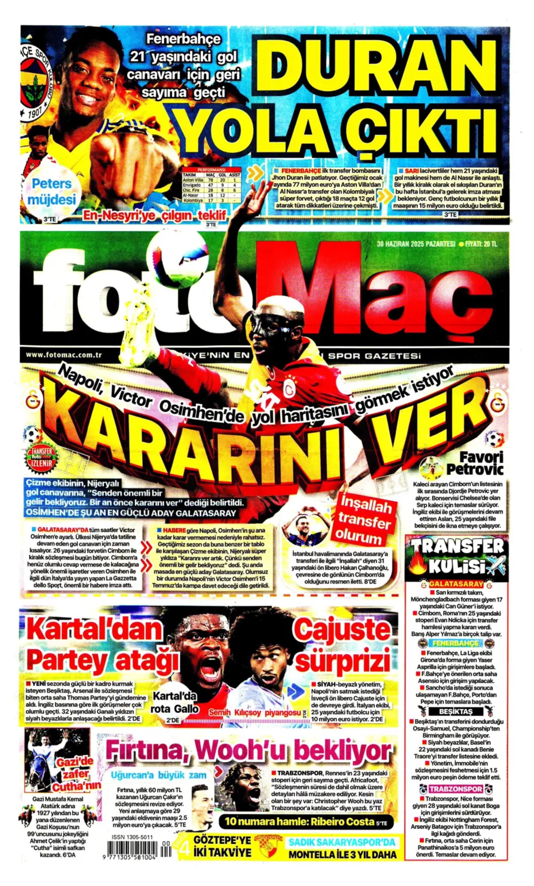 Sporda günün manşetleri... Fenerbahçe Jhon Duran transferini bitirdi: Osimhen kızdırıyor!