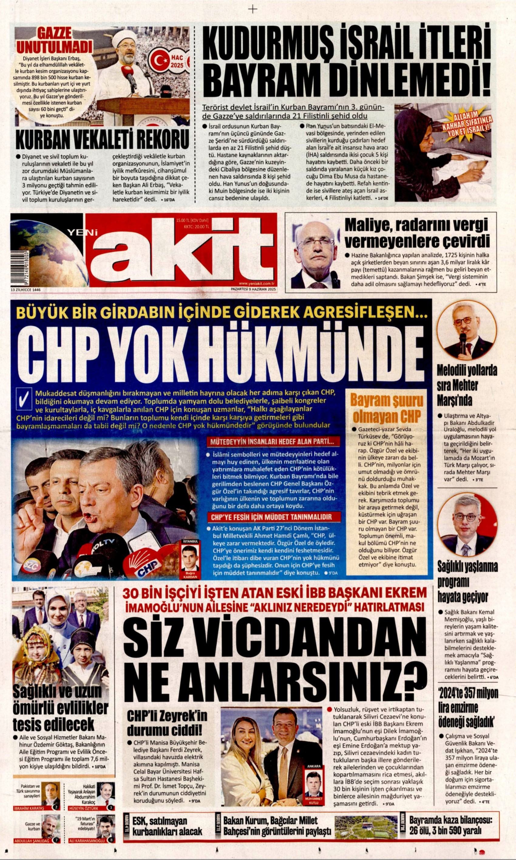 9 Haziran 2025 gazete manşetleri