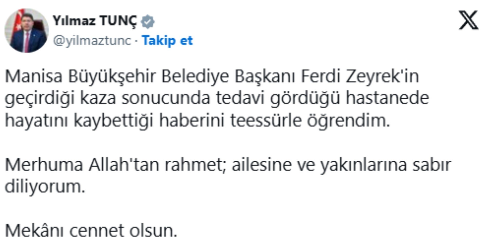 Siyaset dünyasından Ferdi Zeyrek için baş sağlığı mesajları yağdı