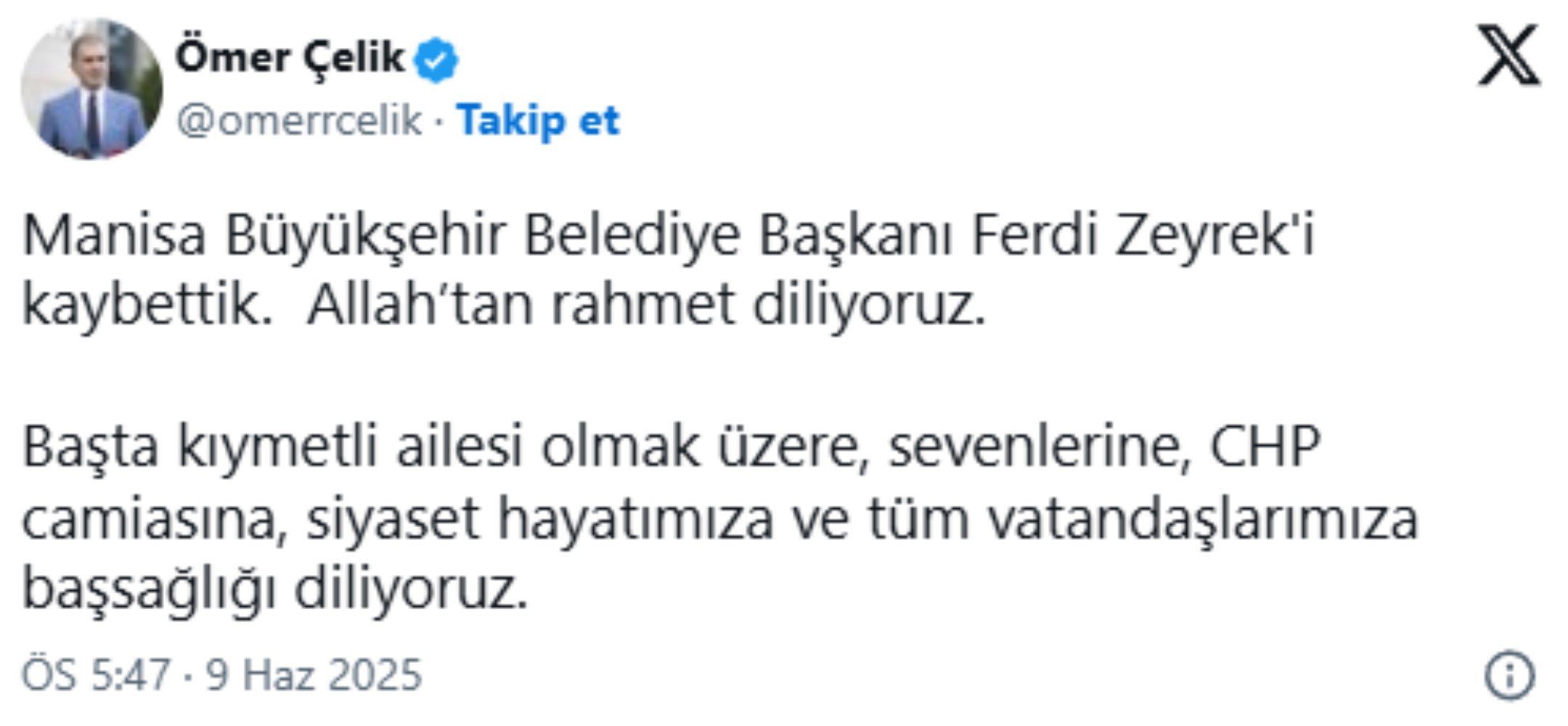 Siyaset dünyasından Ferdi Zeyrek için baş sağlığı mesajları yağdı