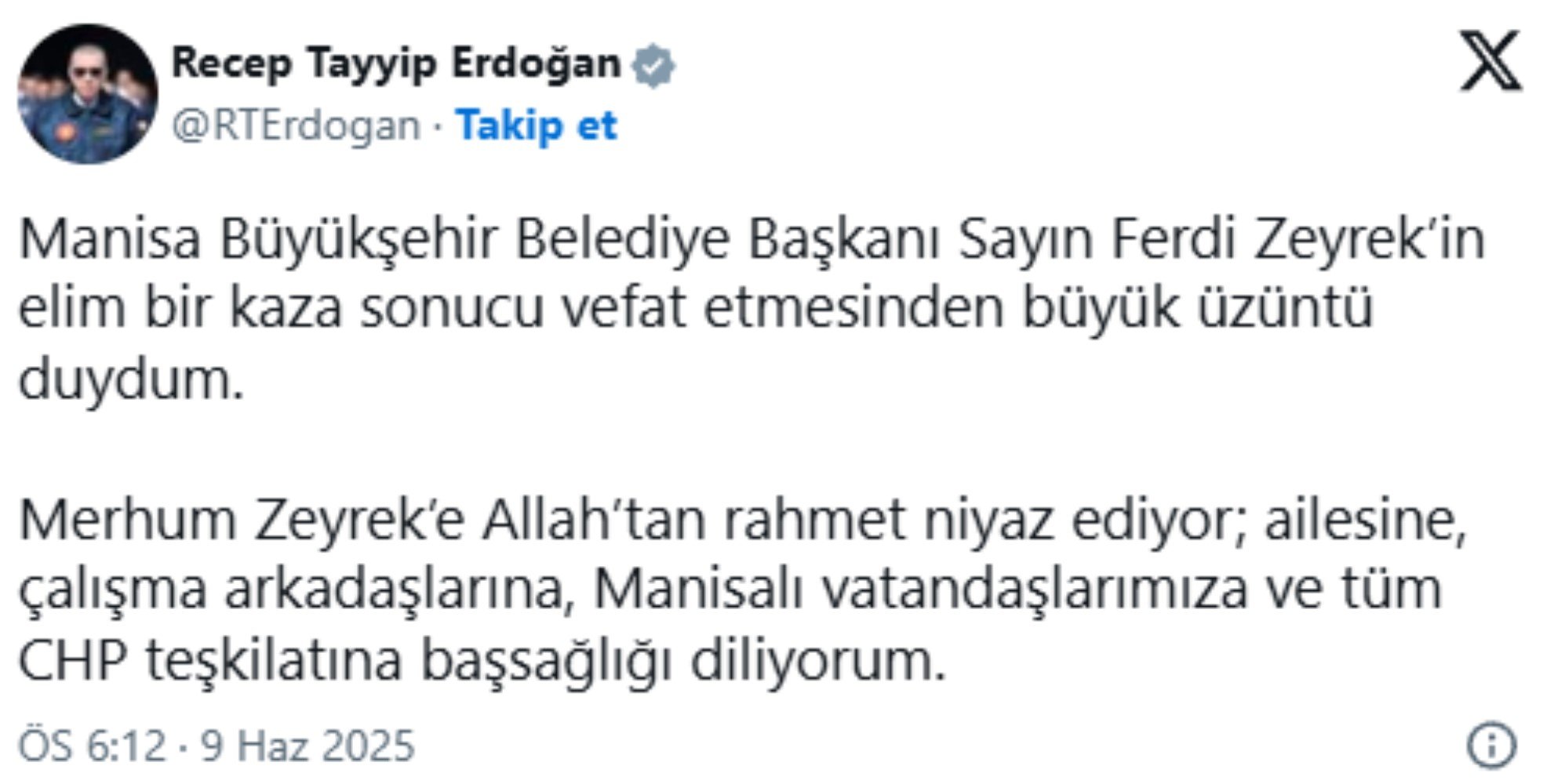Siyaset dünyasından Ferdi Zeyrek için baş sağlığı mesajları yağdı