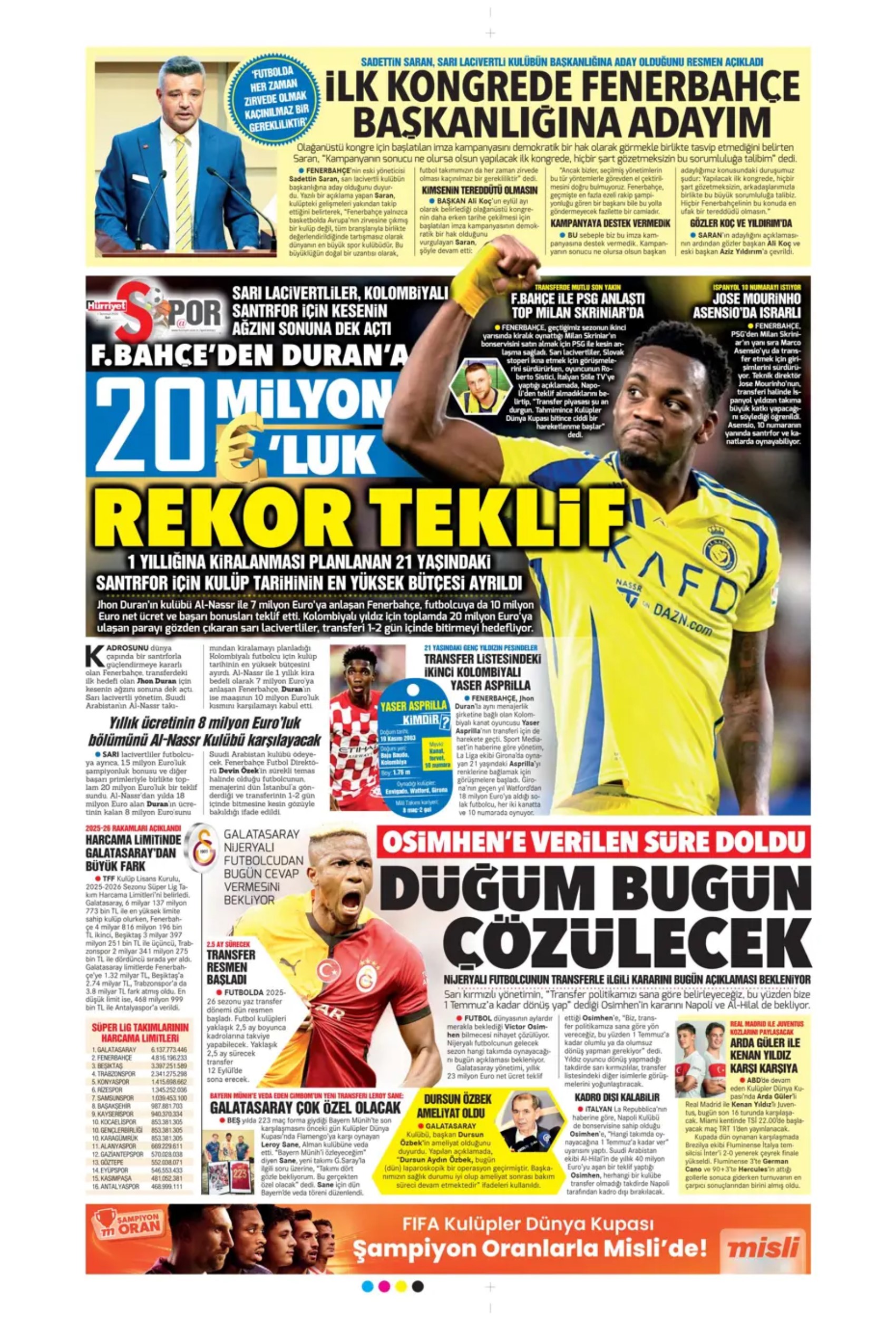 Sporda günün manşetleri: Fener'e Paris paketi! Partey için geri sayım başladı
