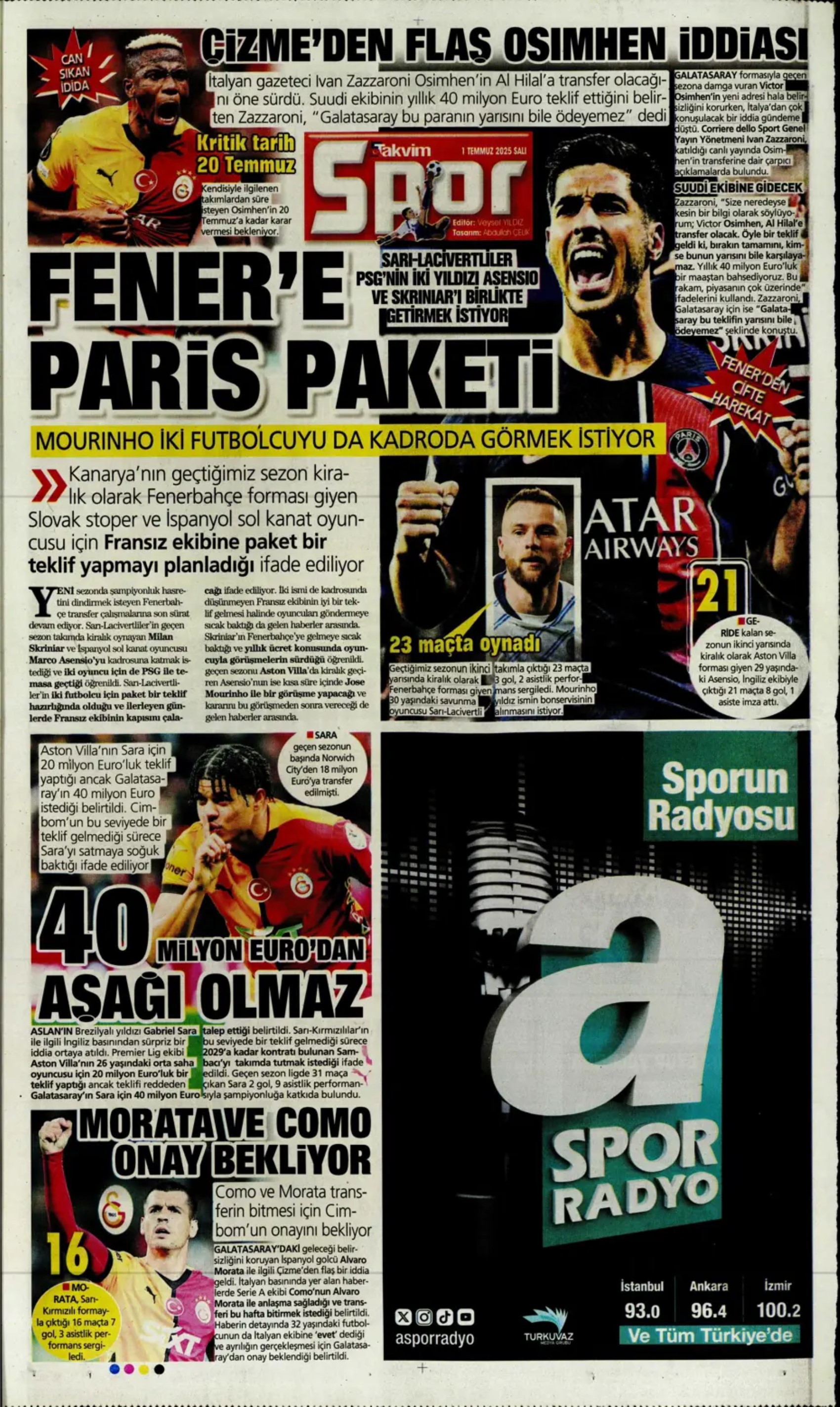 Sporda günün manşetleri: Fener'e Paris paketi! Partey için geri sayım başladı