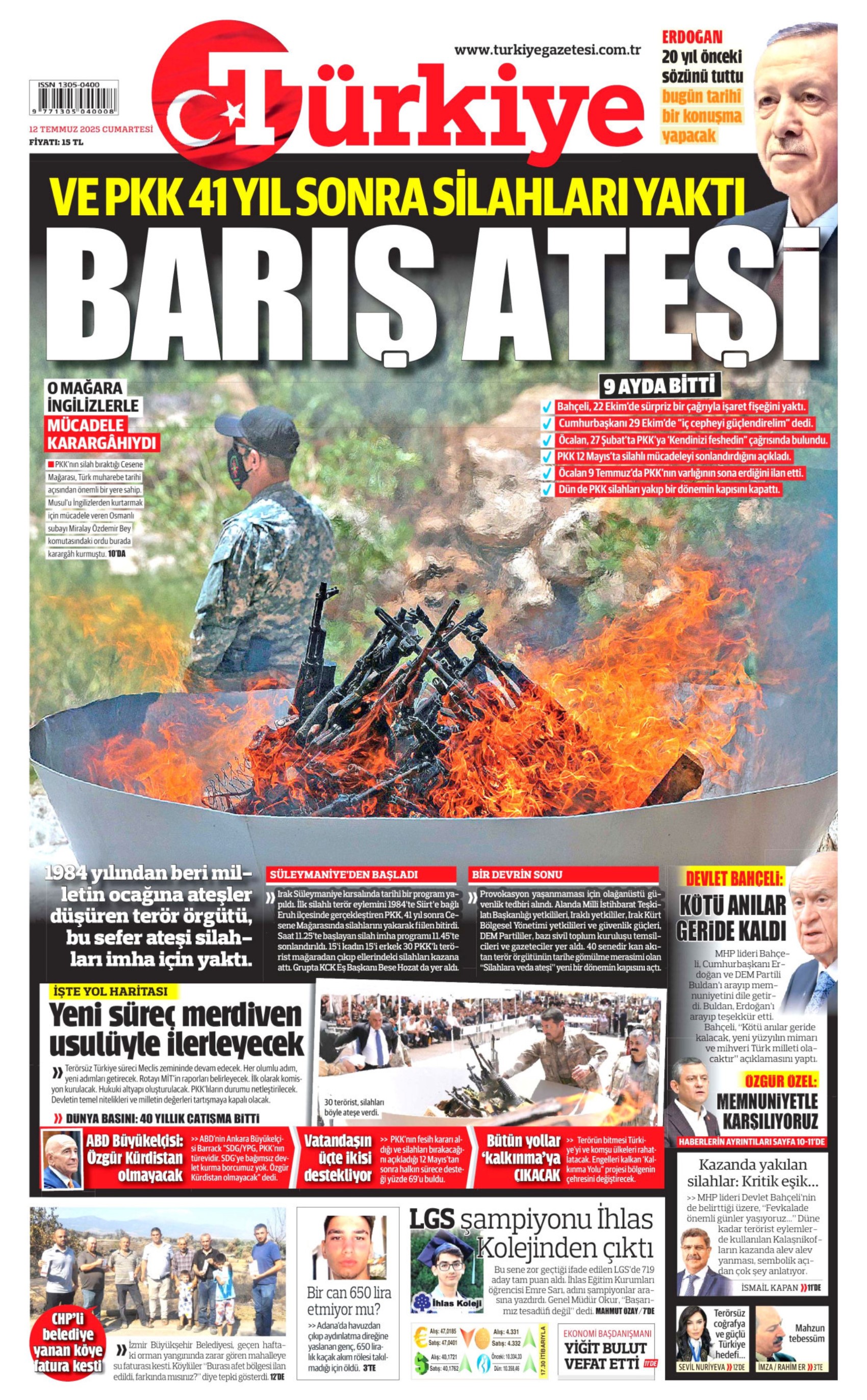 12 Temmuz 2025 gazete manşetleri: Gazeteler, terör örgütü PKK'nın silah bırakmasını nasıl gördü?