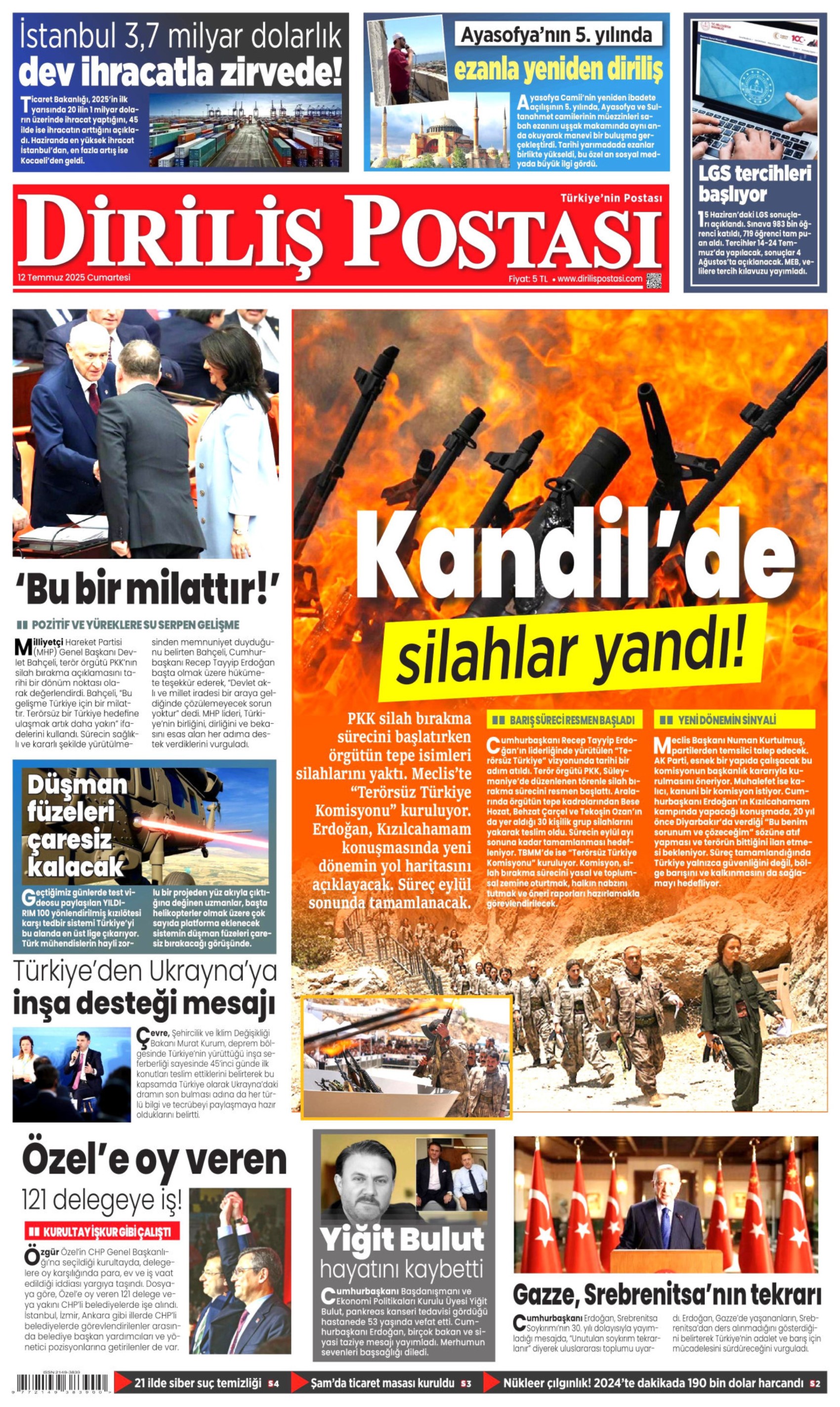 12 Temmuz 2025 gazete manşetleri: Gazeteler, terör örgütü PKK'nın silah bırakmasını nasıl gördü?