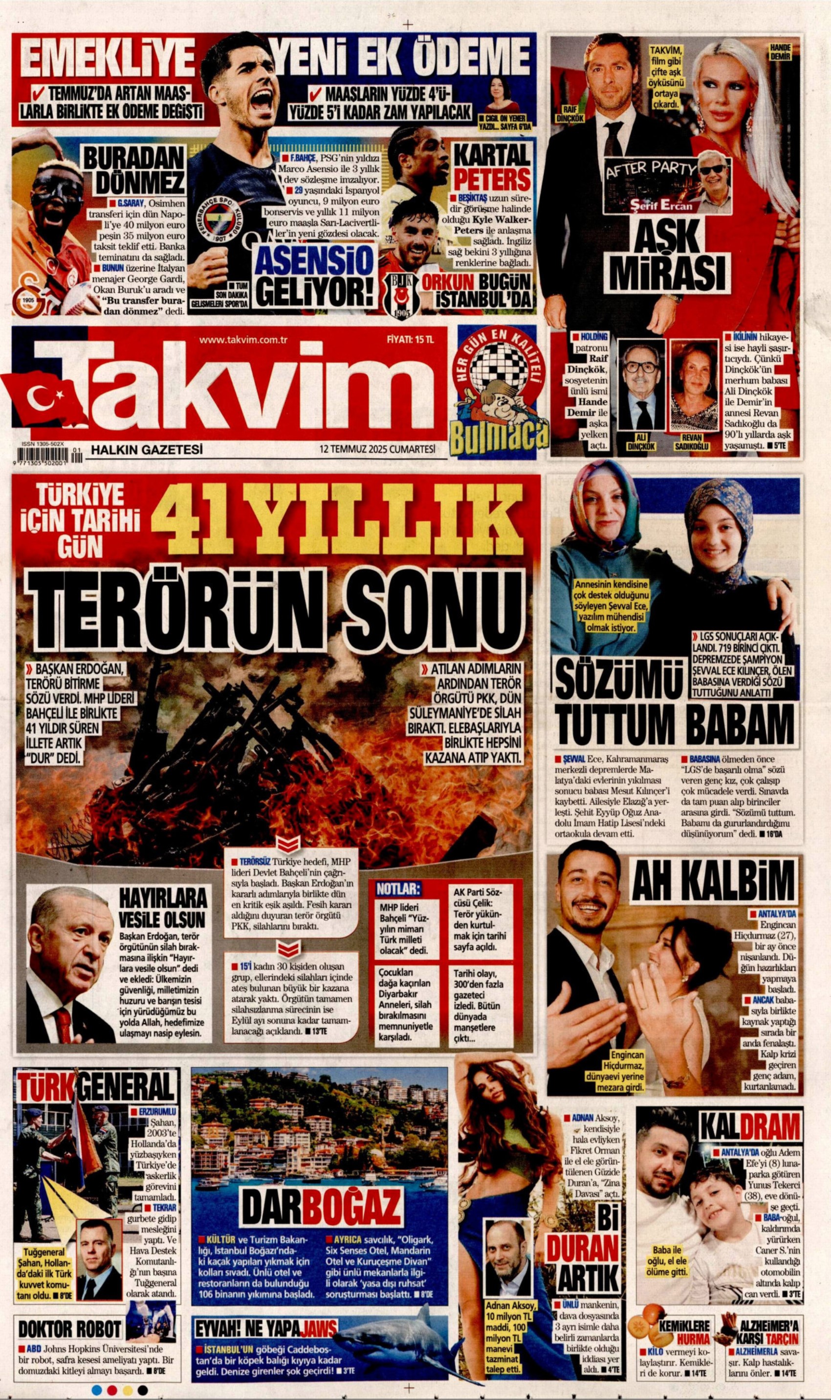 12 Temmuz 2025 gazete manşetleri: Gazeteler, terör örgütü PKK'nın silah bırakmasını nasıl gördü?