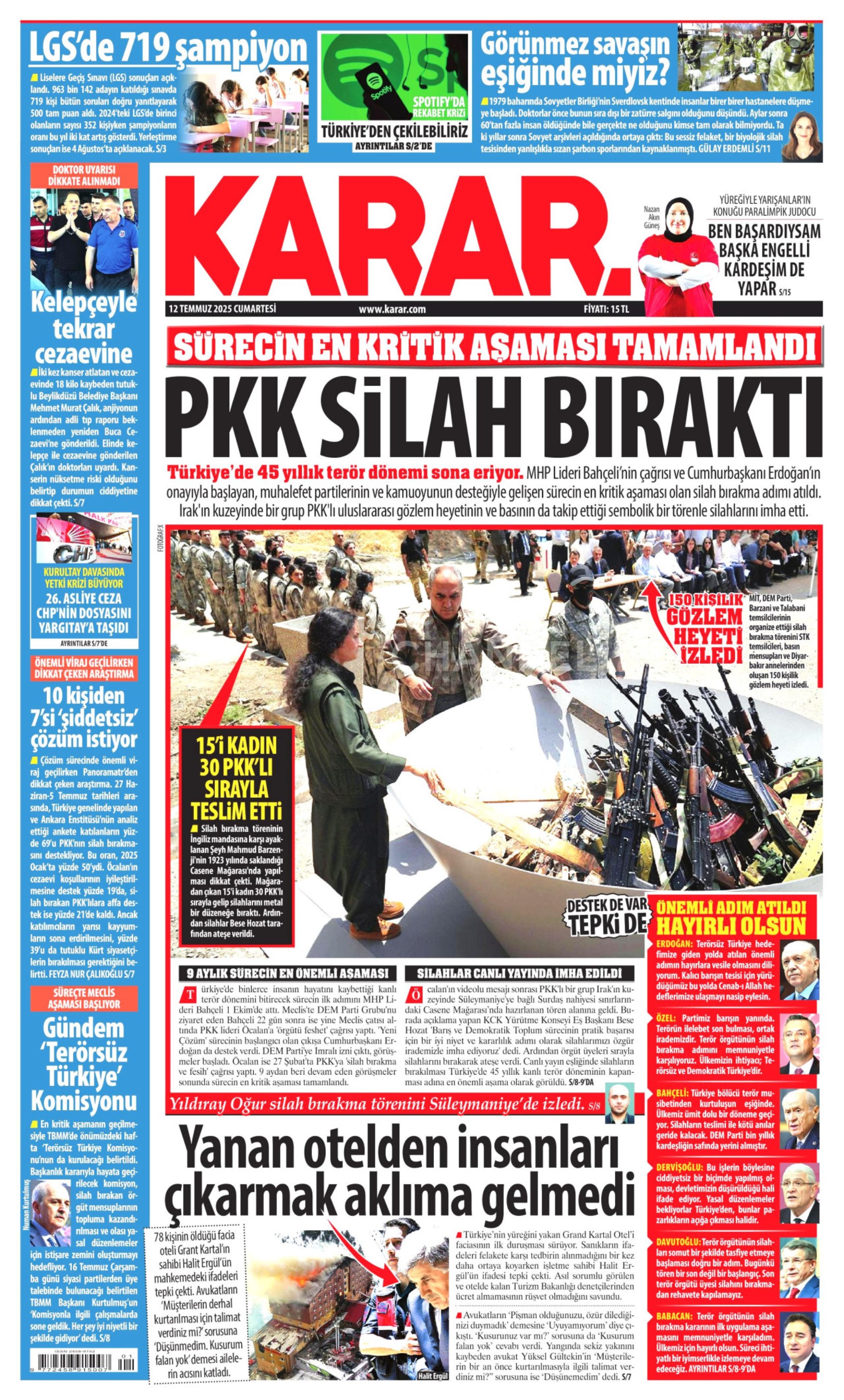 12 Temmuz 2025 gazete manşetleri: Gazeteler, terör örgütü PKK'nın silah bırakmasını nasıl gördü?