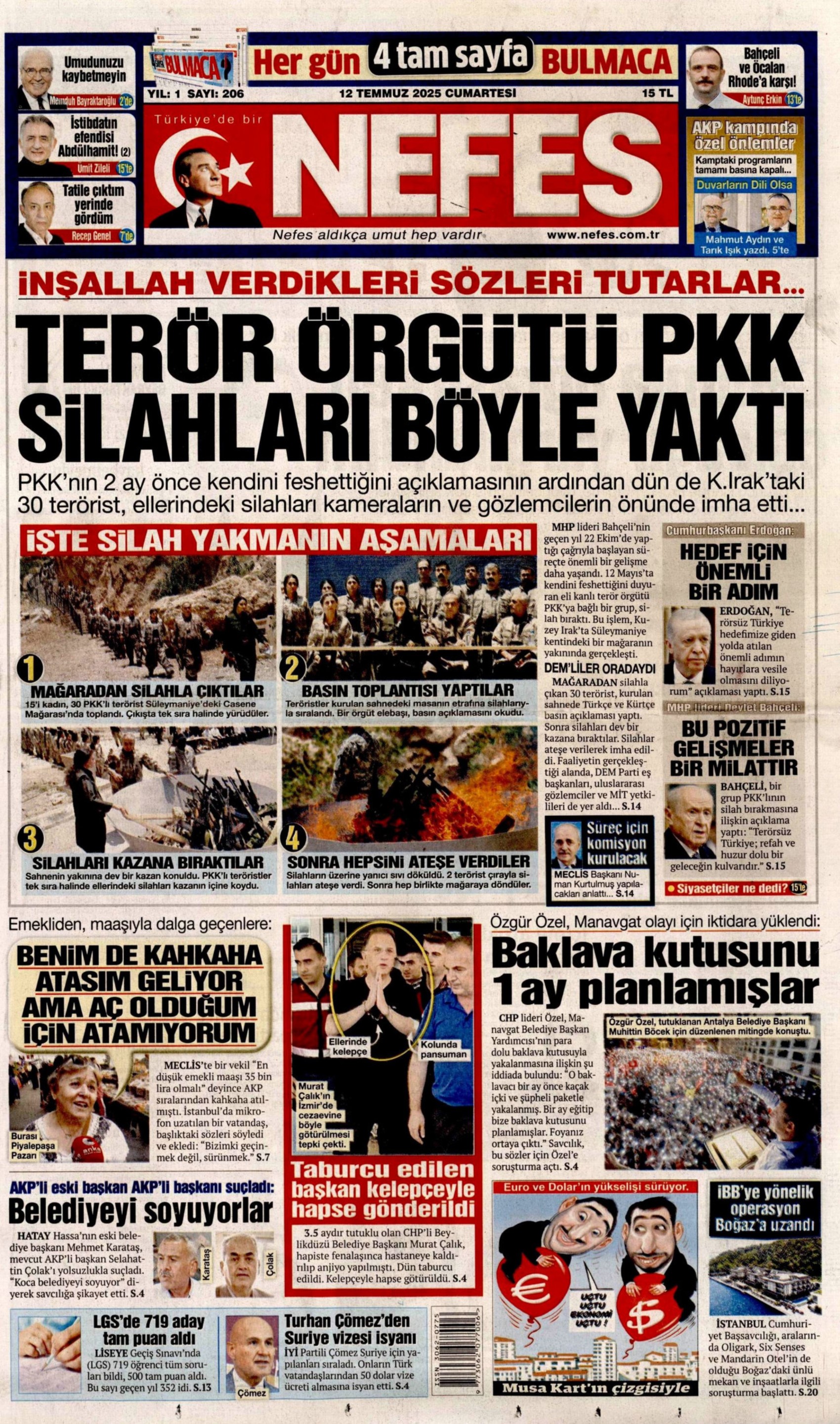 12 Temmuz 2025 gazete manşetleri: Gazeteler, terör örgütü PKK'nın silah bırakmasını nasıl gördü?