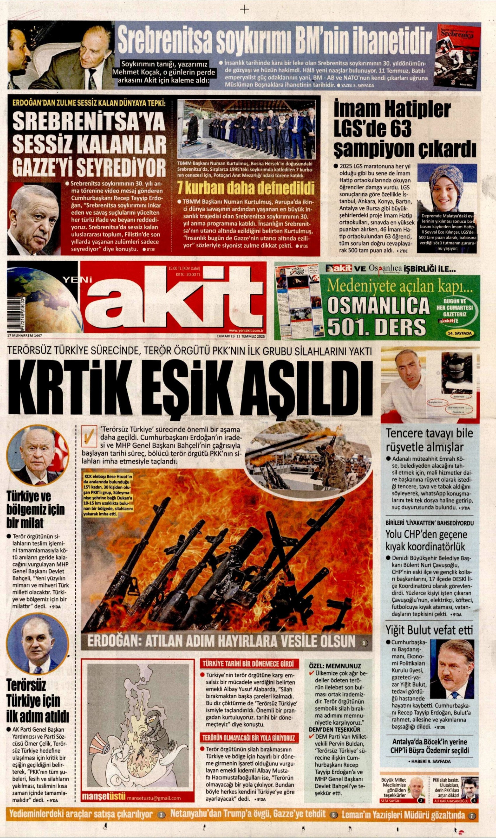 12 Temmuz 2025 gazete manşetleri: Gazeteler, terör örgütü PKK'nın silah bırakmasını nasıl gördü?