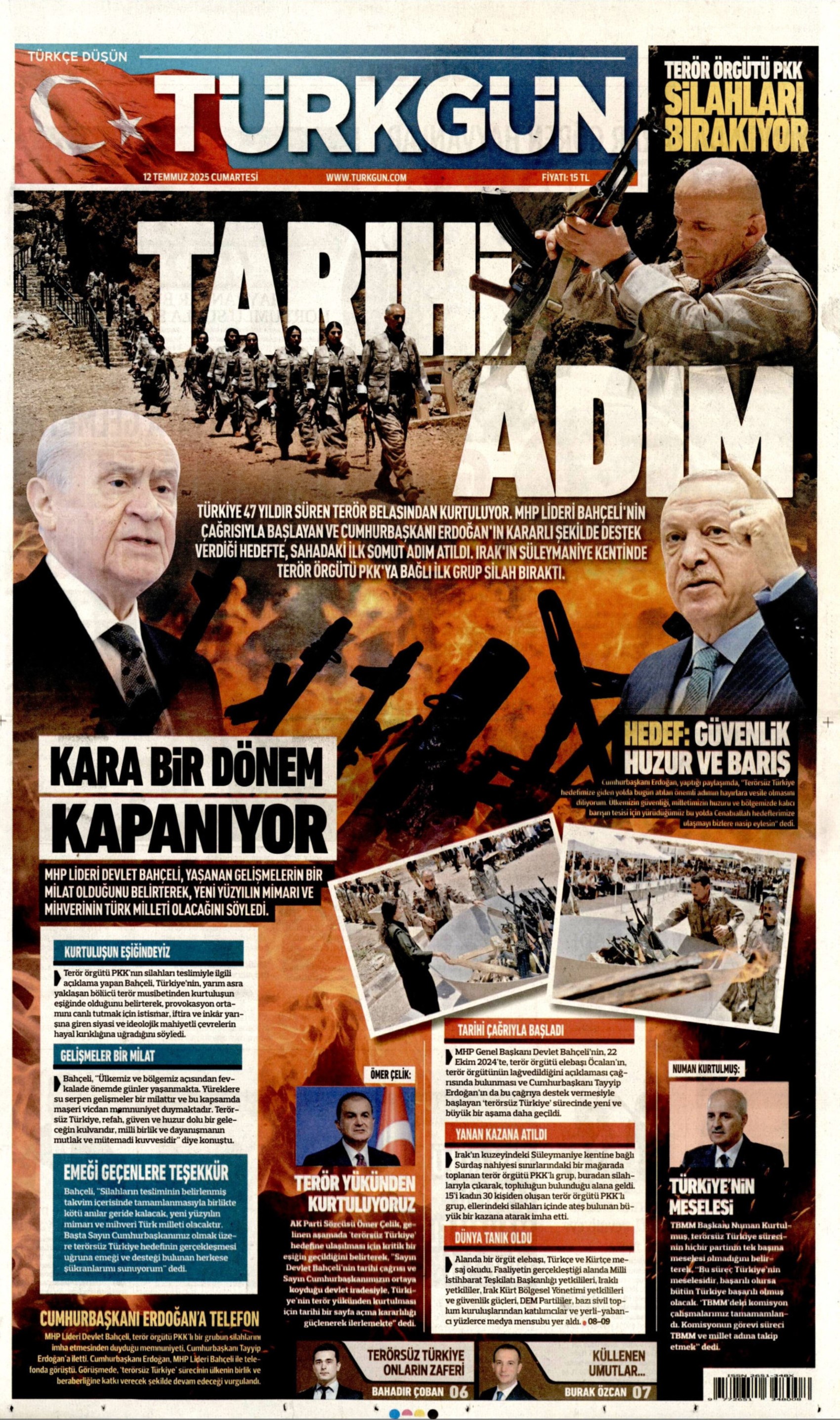 12 Temmuz 2025 gazete manşetleri: Gazeteler, terör örgütü PKK'nın silah bırakmasını nasıl gördü?