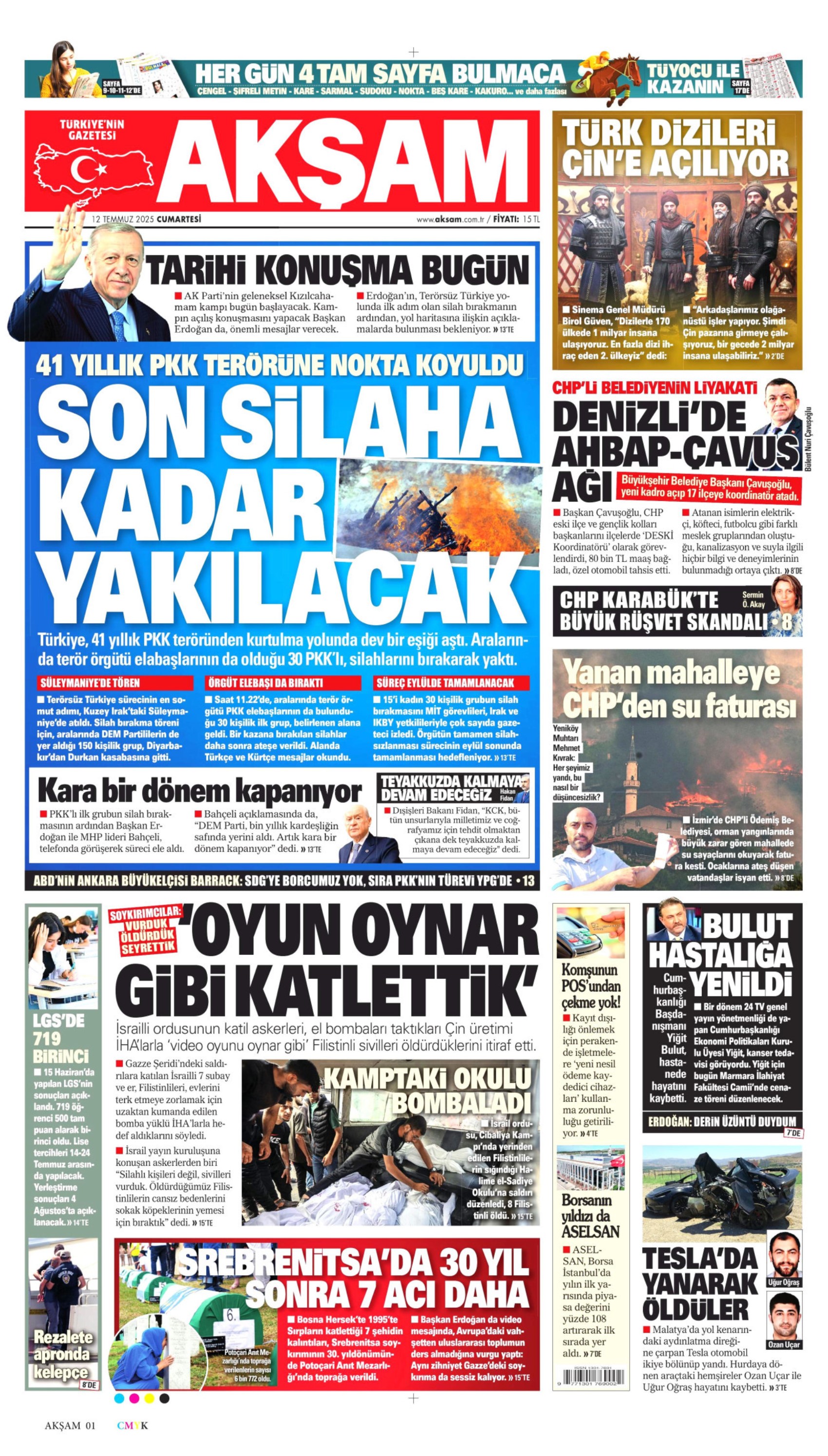 12 Temmuz 2025 gazete manşetleri: Gazeteler, terör örgütü PKK'nın silah bırakmasını nasıl gördü?