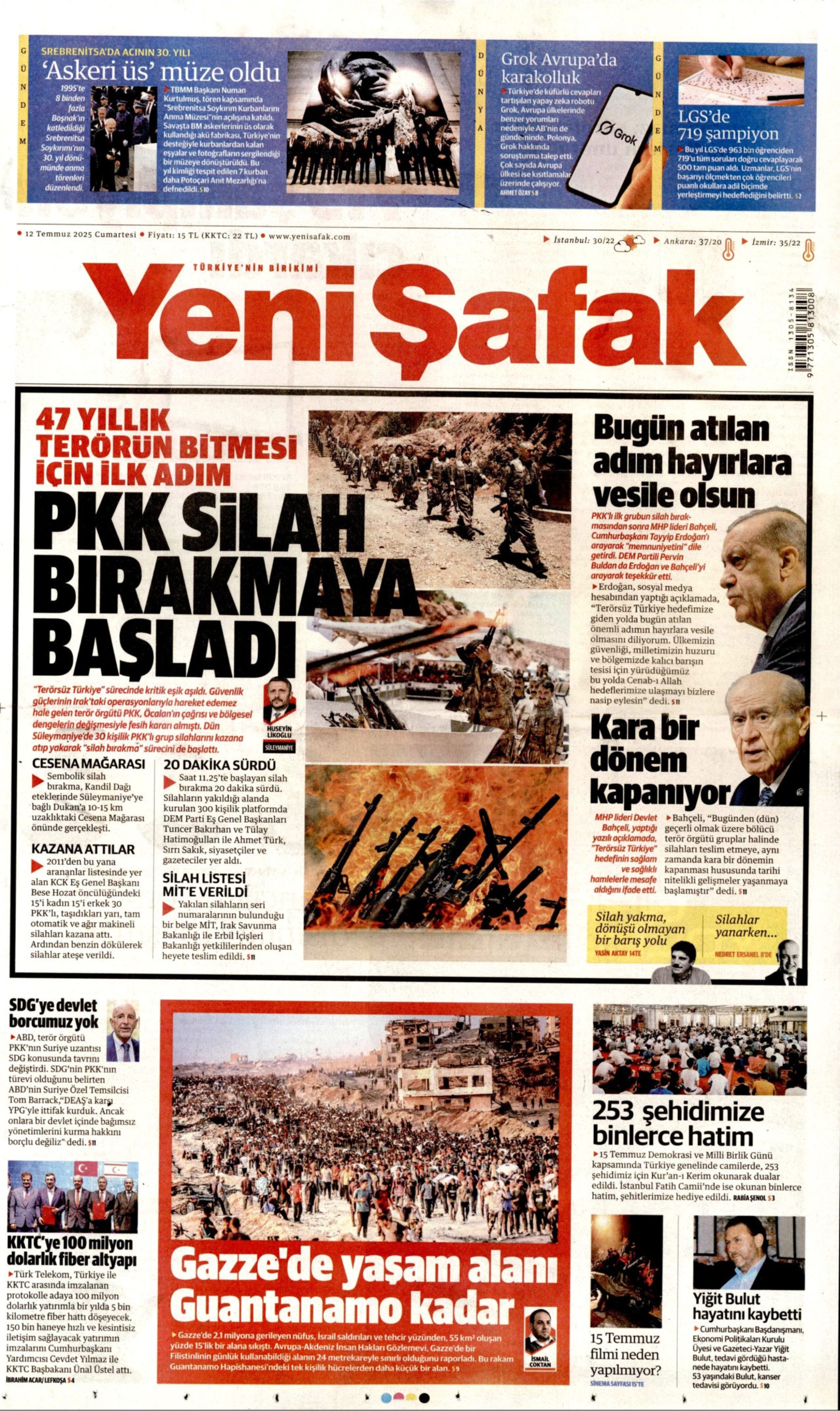 12 Temmuz 2025 gazete manşetleri: Gazeteler, terör örgütü PKK'nın silah bırakmasını nasıl gördü?