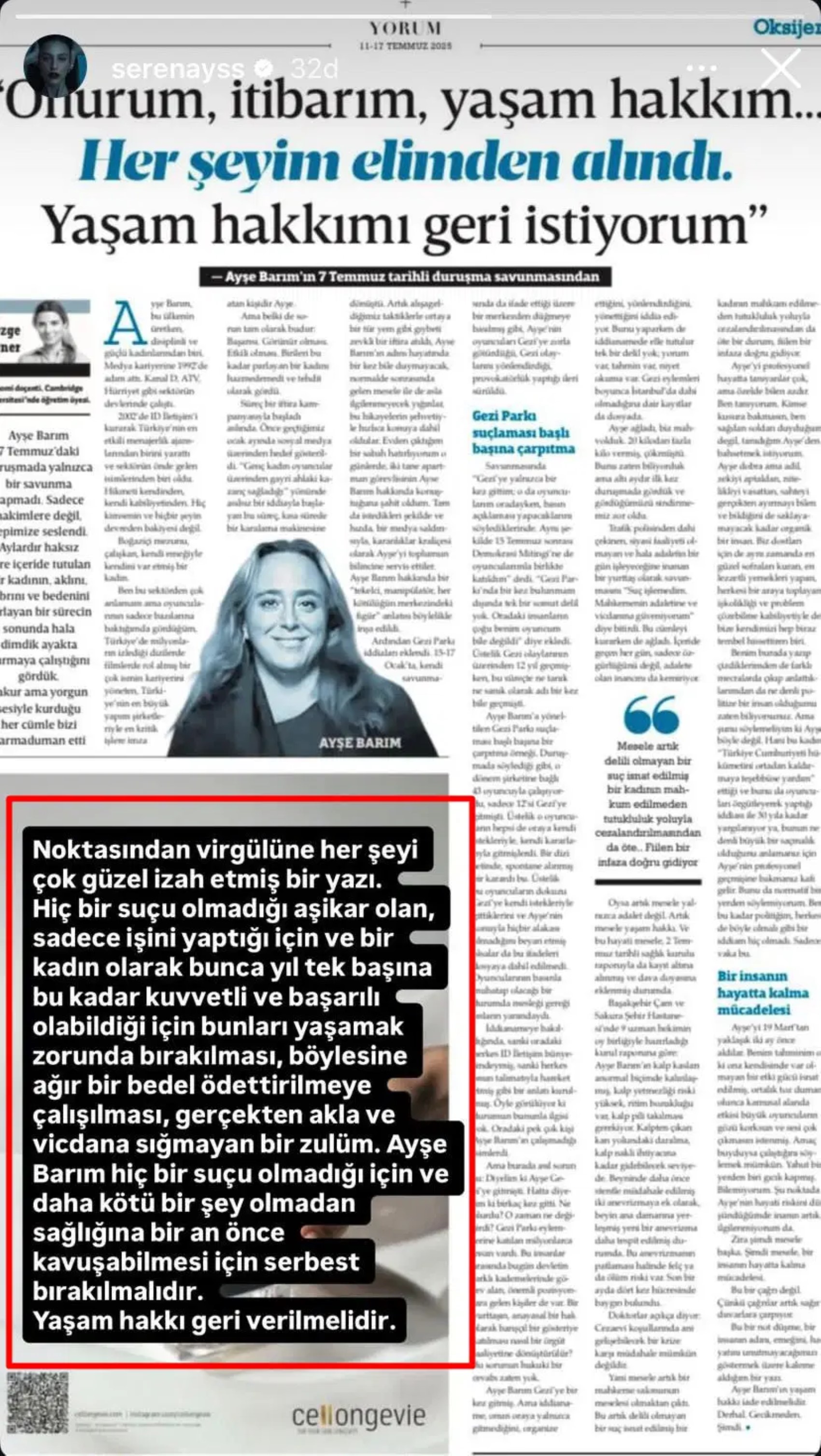 Serenay Sarıkaya, Ayşe Barım için isyan etti