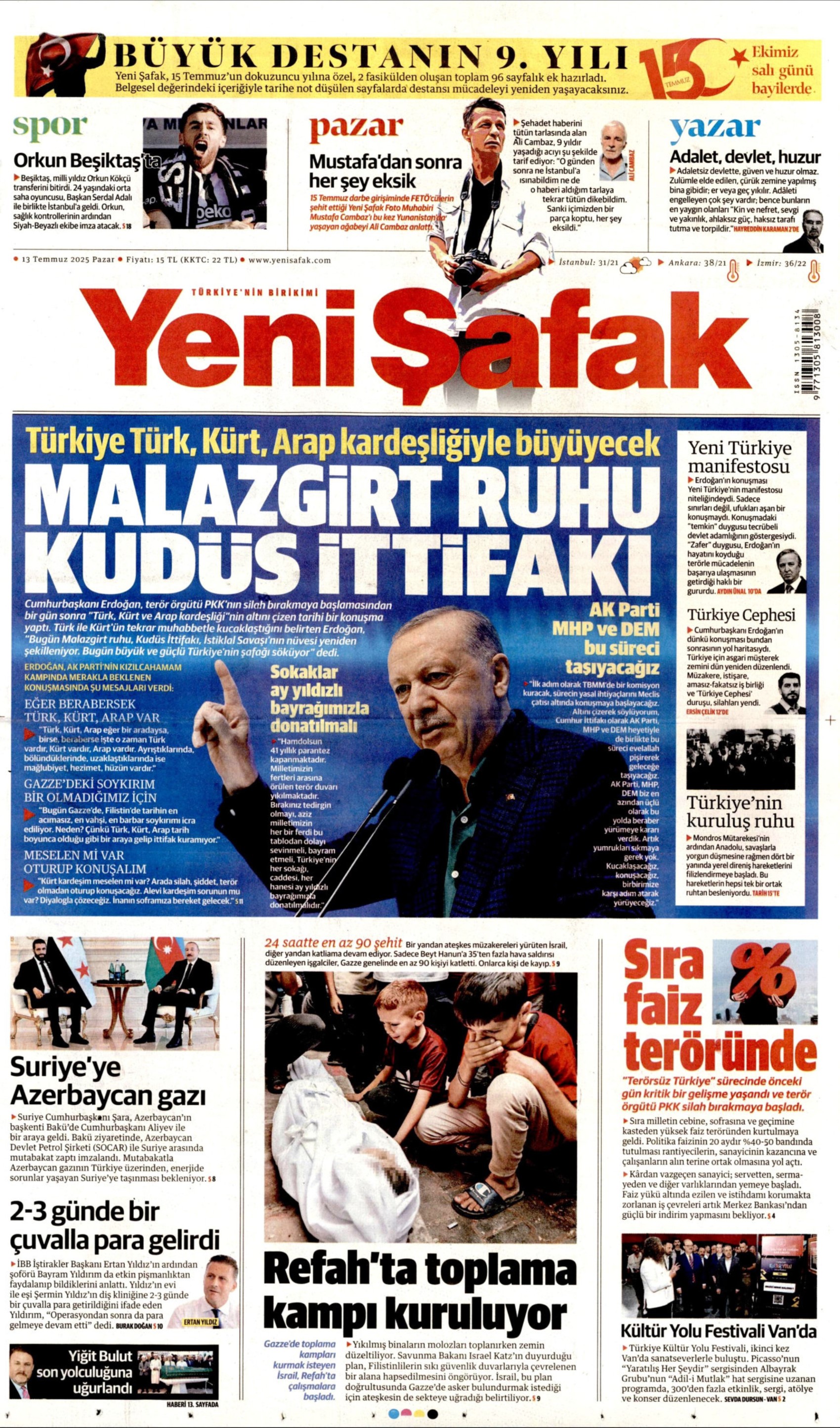 DEM Parti'yle 'süreç' ittifakı çıkmıştı: Gazeteler Erdoğan'ın 'tarihi nitelikte' denilen konuşmasını nasıl gördü? (13 Temmuz 2025 gazete manşetleri)