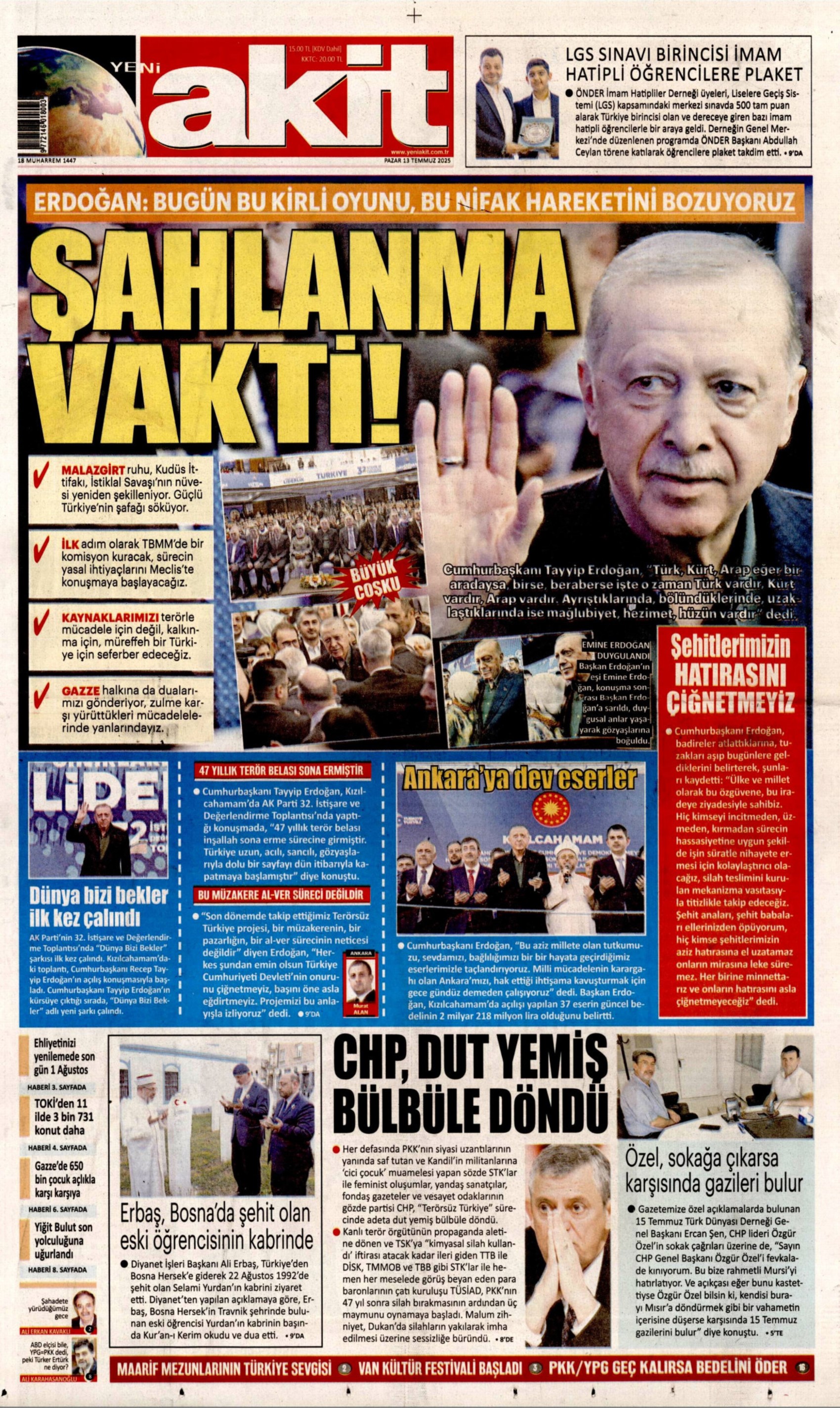 DEM Parti'yle 'süreç' ittifakı çıkmıştı: Gazeteler Erdoğan'ın 'tarihi nitelikte' denilen konuşmasını nasıl gördü? (13 Temmuz 2025 gazete manşetleri)