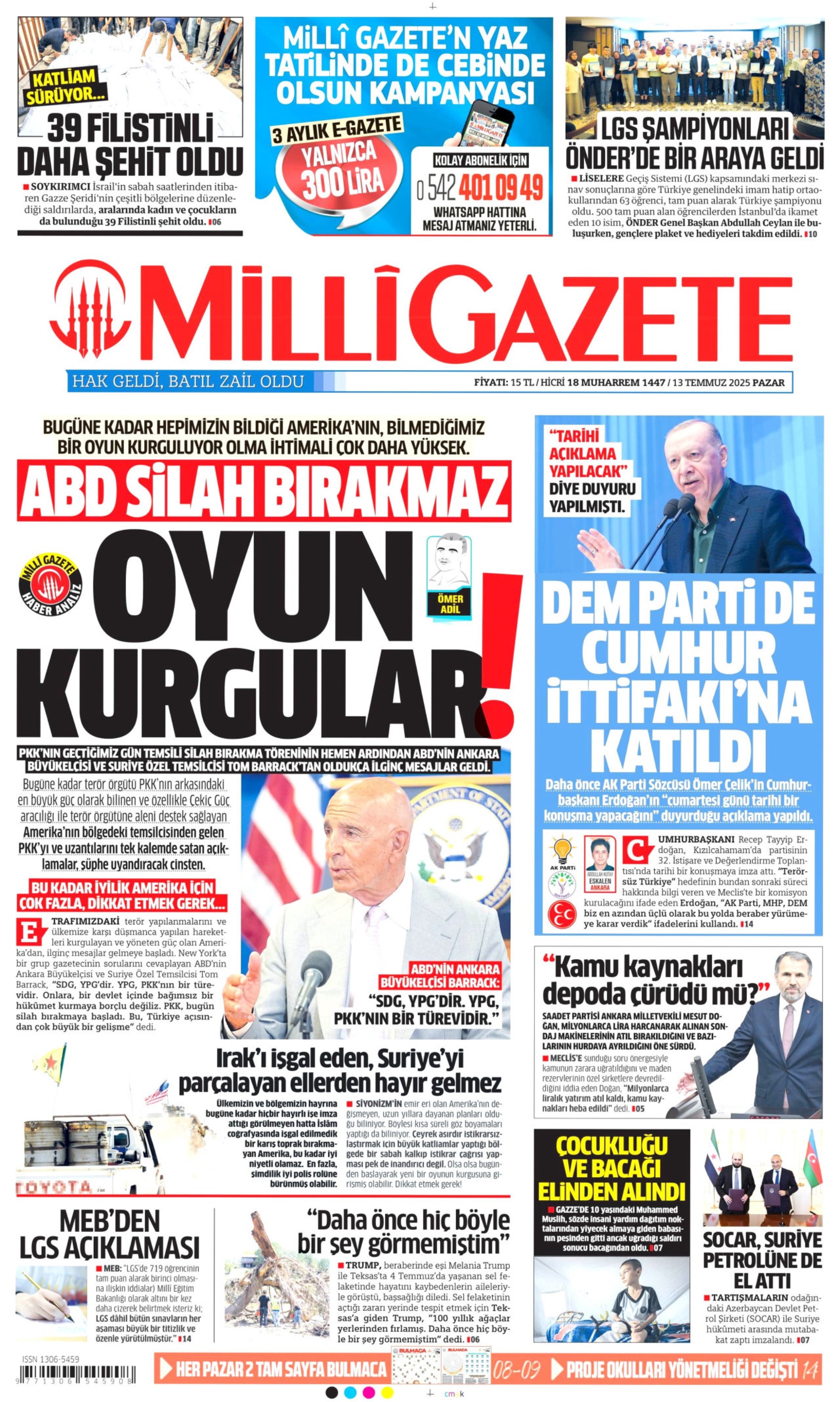 DEM Parti'yle 'süreç' ittifakı çıkmıştı: Gazeteler Erdoğan'ın 'tarihi nitelikte' denilen konuşmasını nasıl gördü? (13 Temmuz 2025 gazete manşetleri)