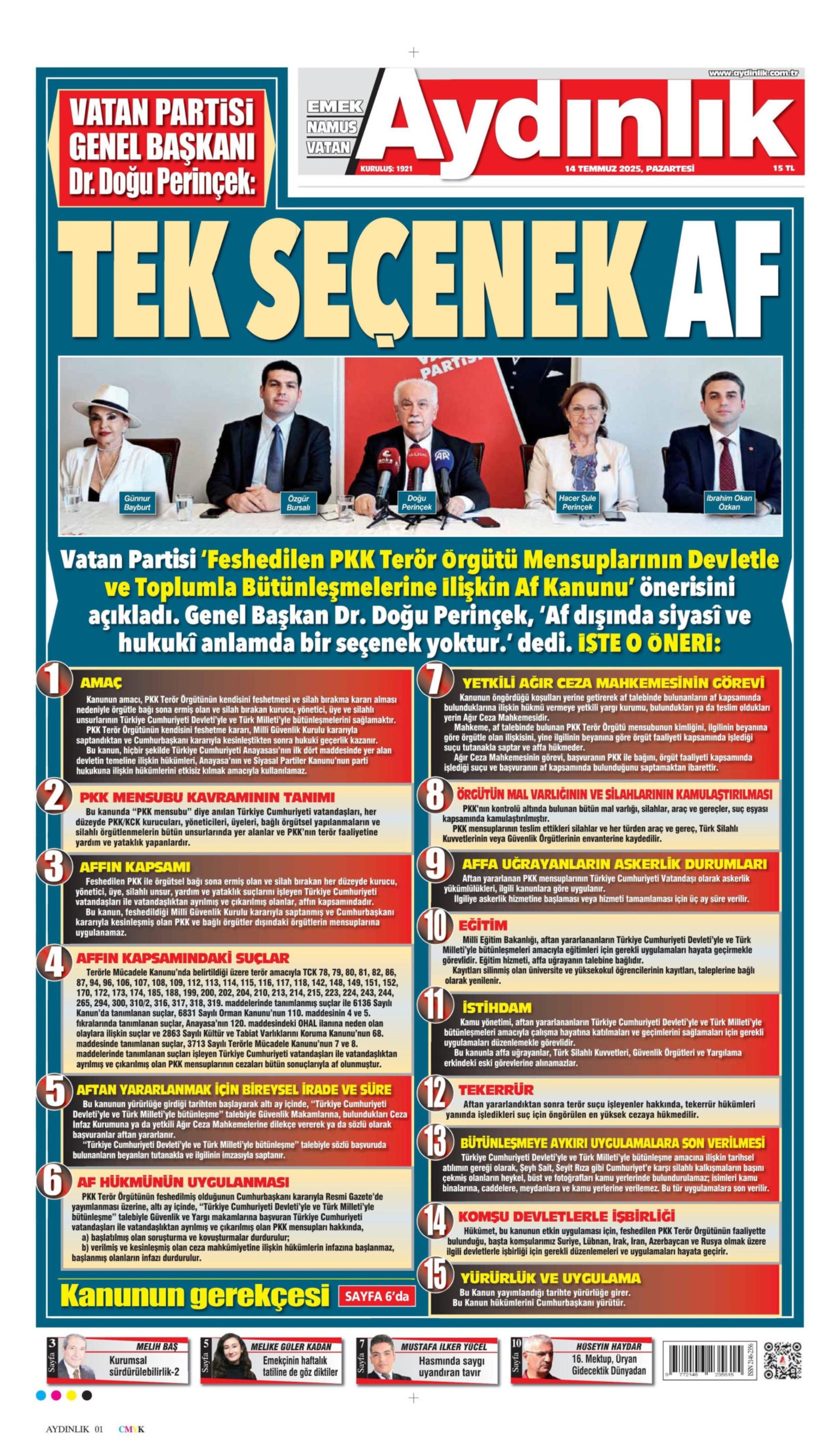14 Temmuz 2025 gazete manşetleri