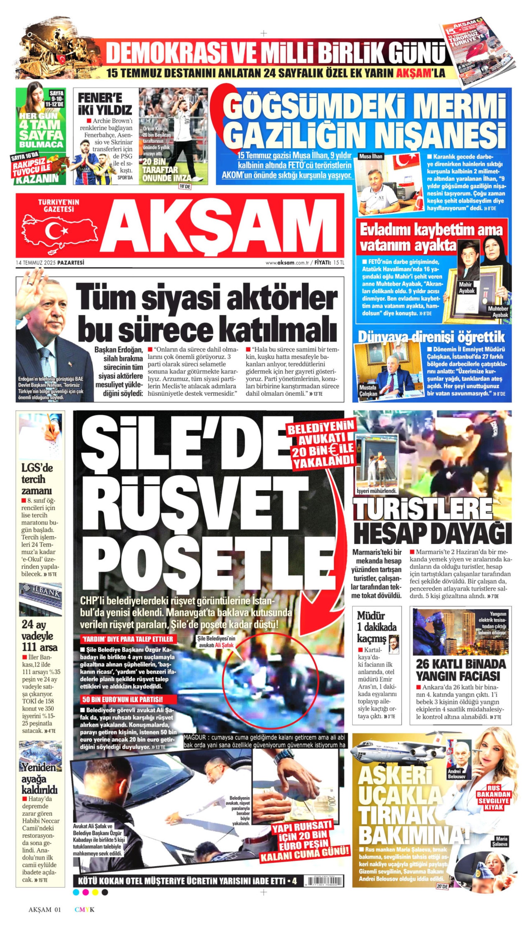 14 Temmuz 2025 gazete manşetleri
