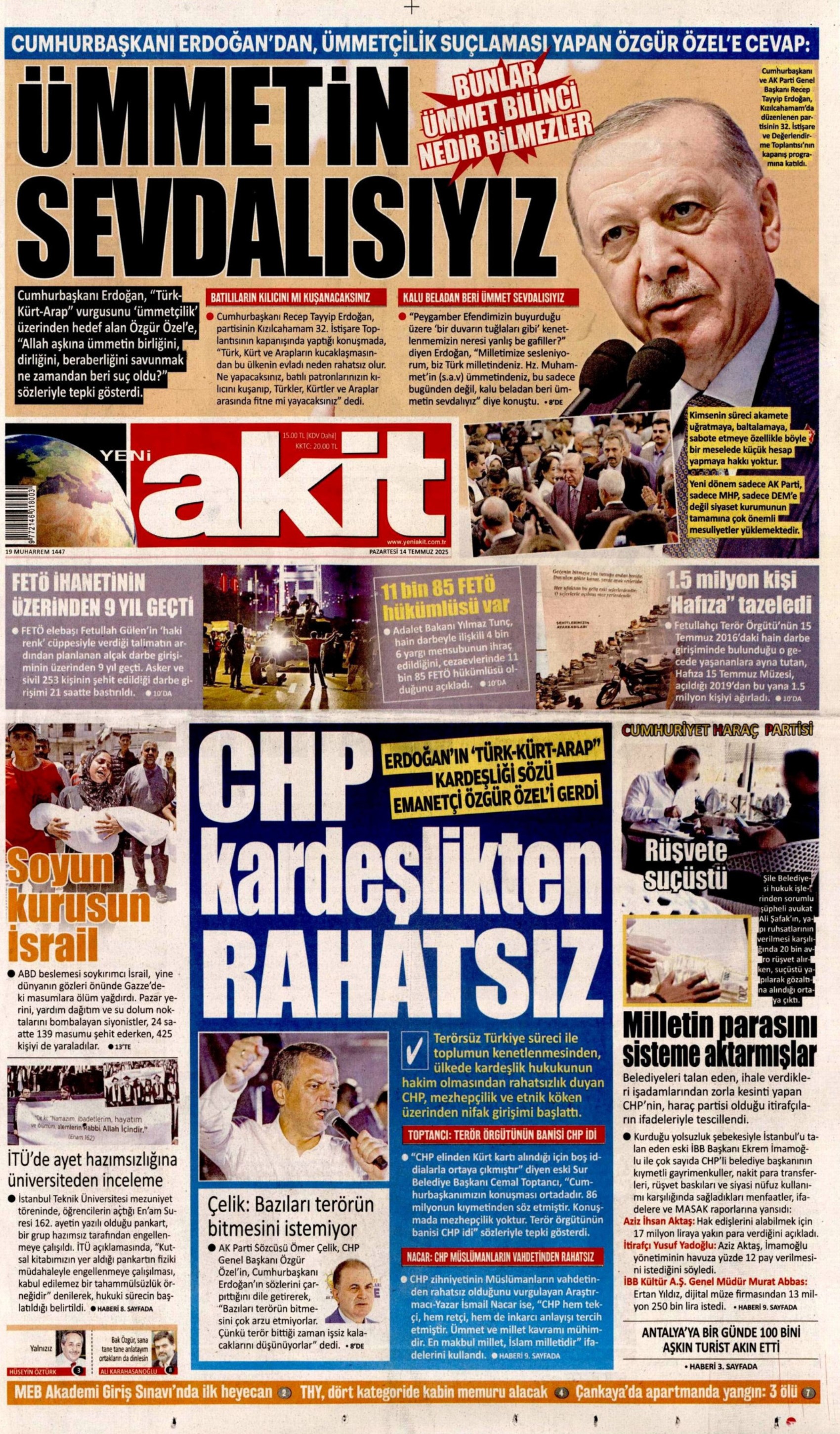 14 Temmuz 2025 gazete manşetleri