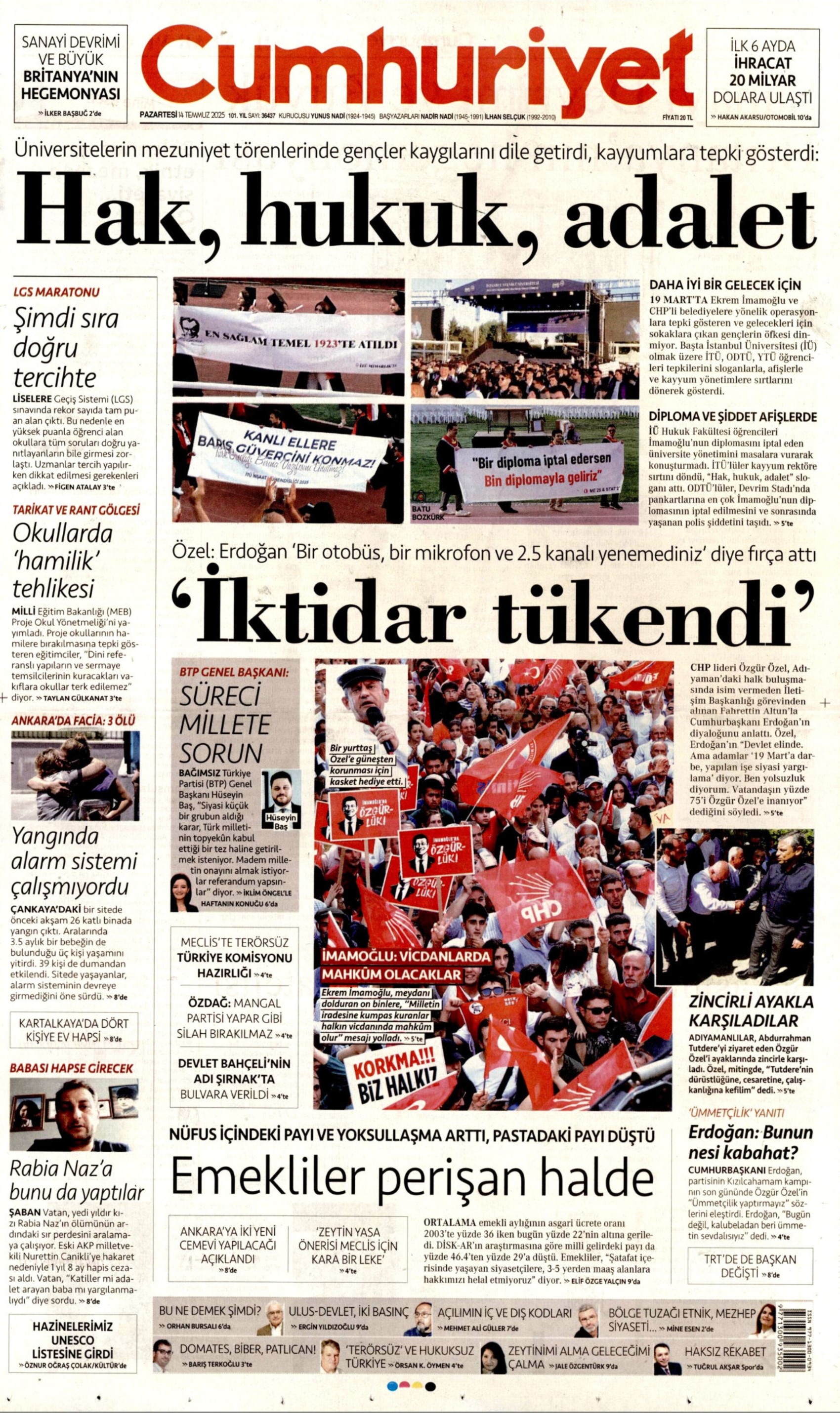 14 Temmuz 2025 gazete manşetleri