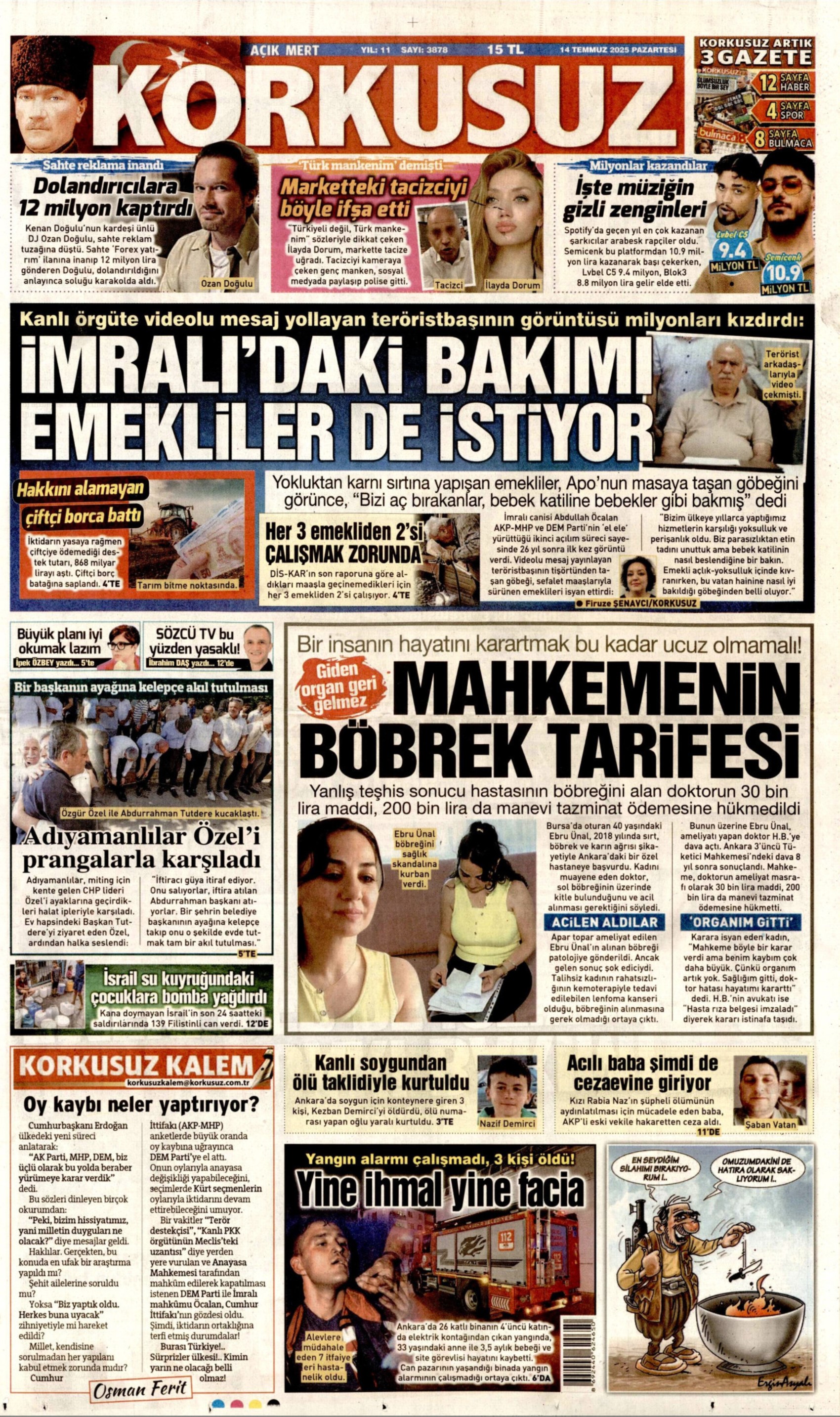 14 Temmuz 2025 gazete manşetleri