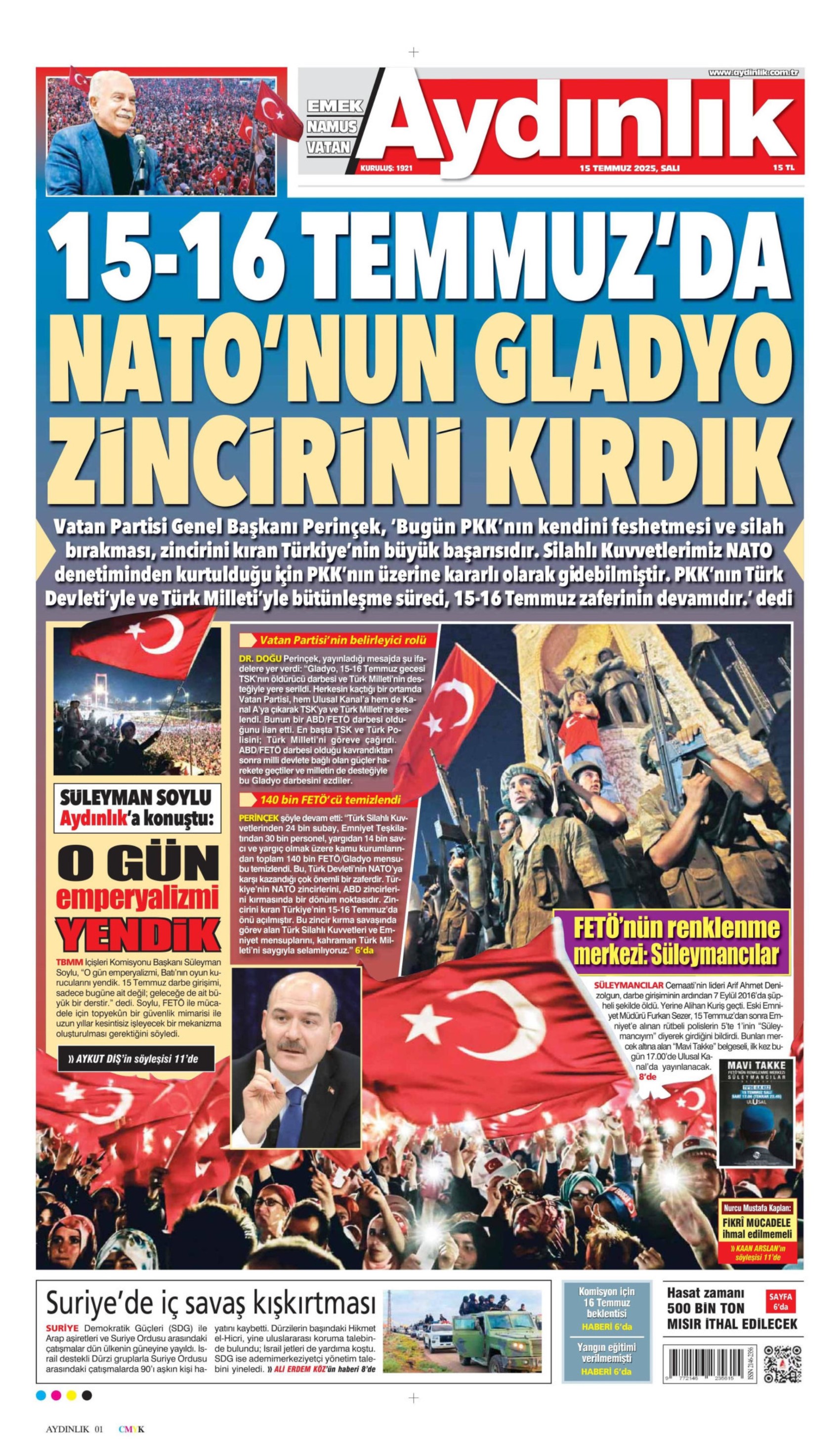 15 Temmuz 2025 gazete manşetleri