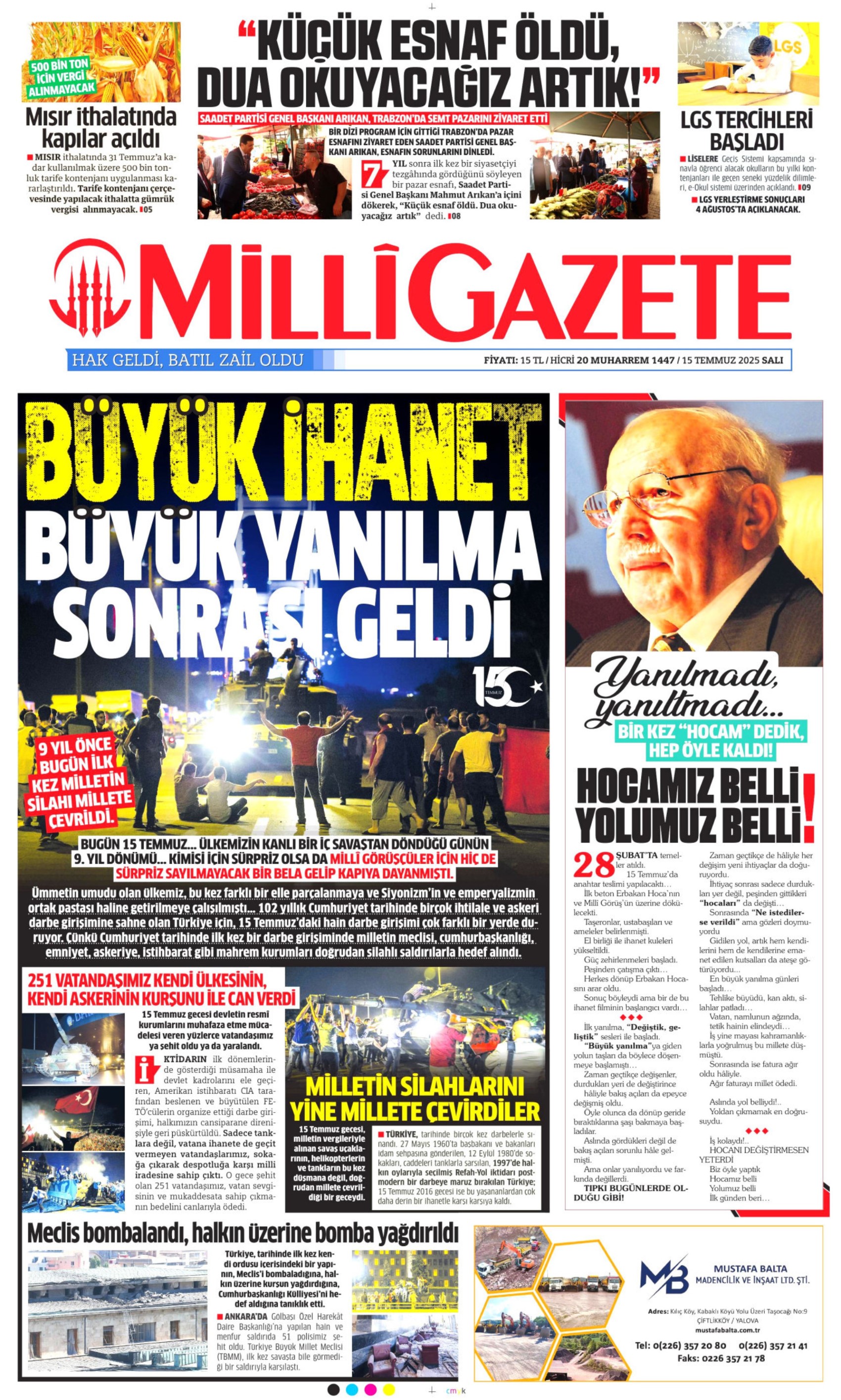 15 Temmuz 2025 gazete manşetleri