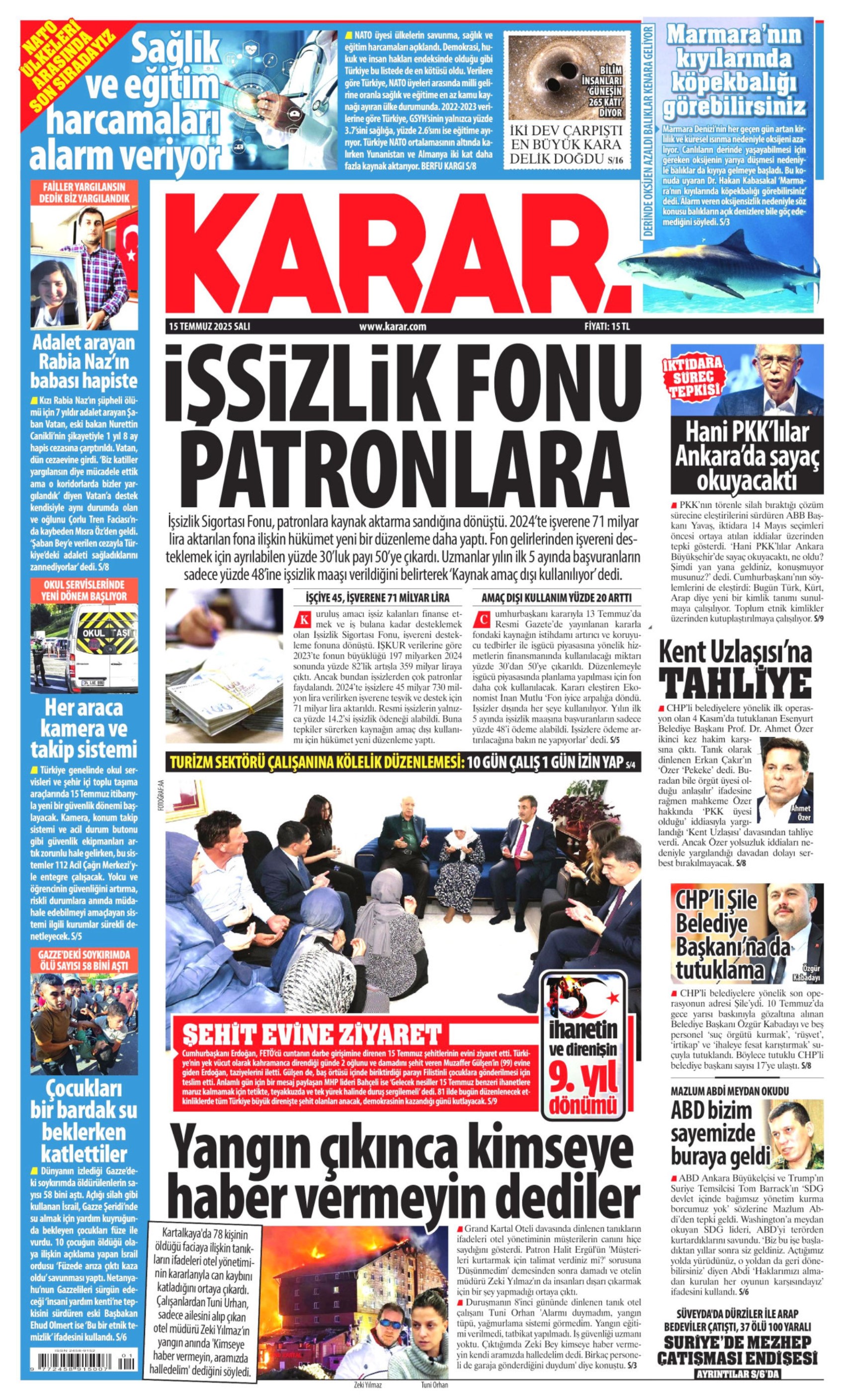 15 Temmuz 2025 gazete manşetleri