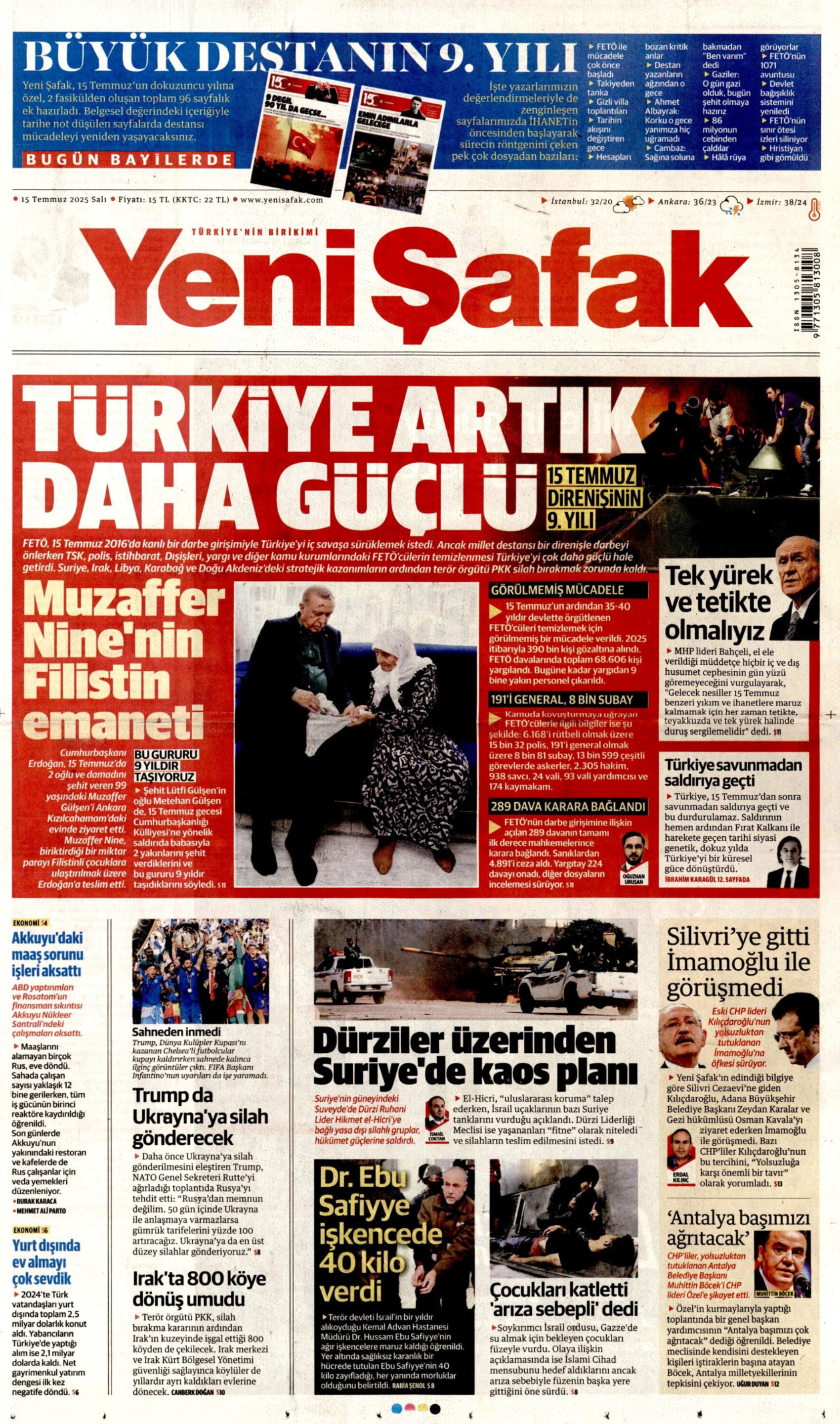 15 Temmuz 2025 gazete manşetleri