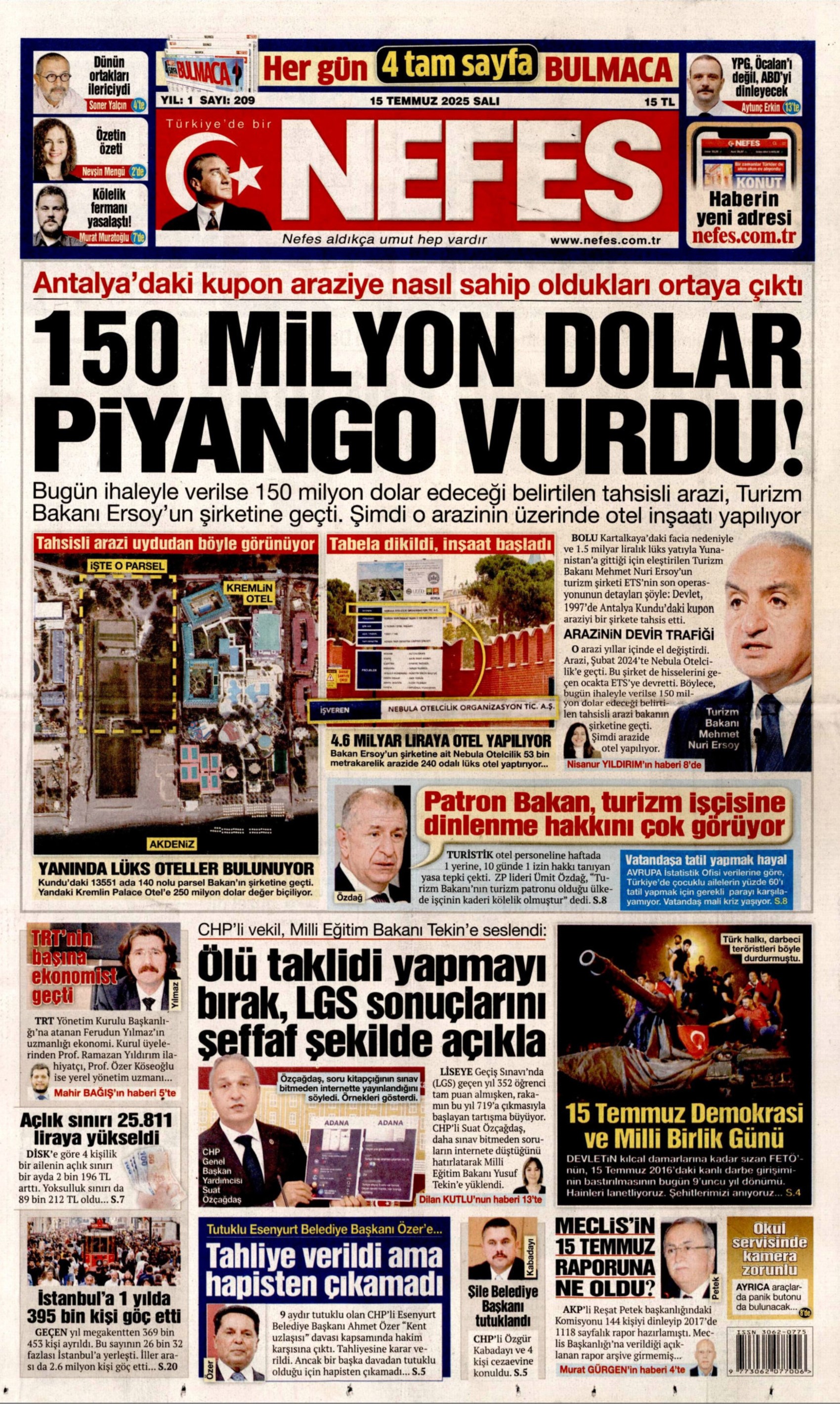 15 Temmuz 2025 gazete manşetleri