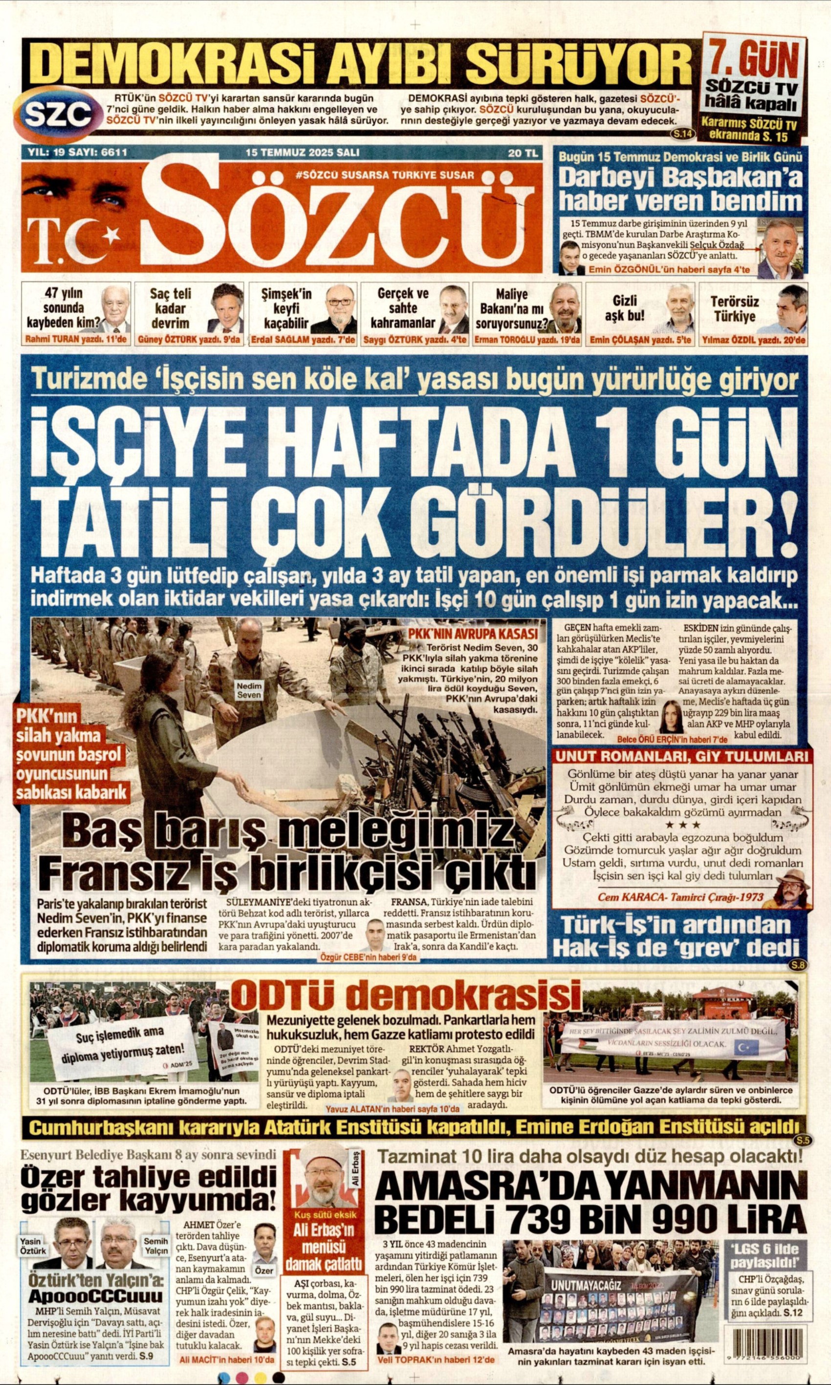 15 Temmuz 2025 gazete manşetleri