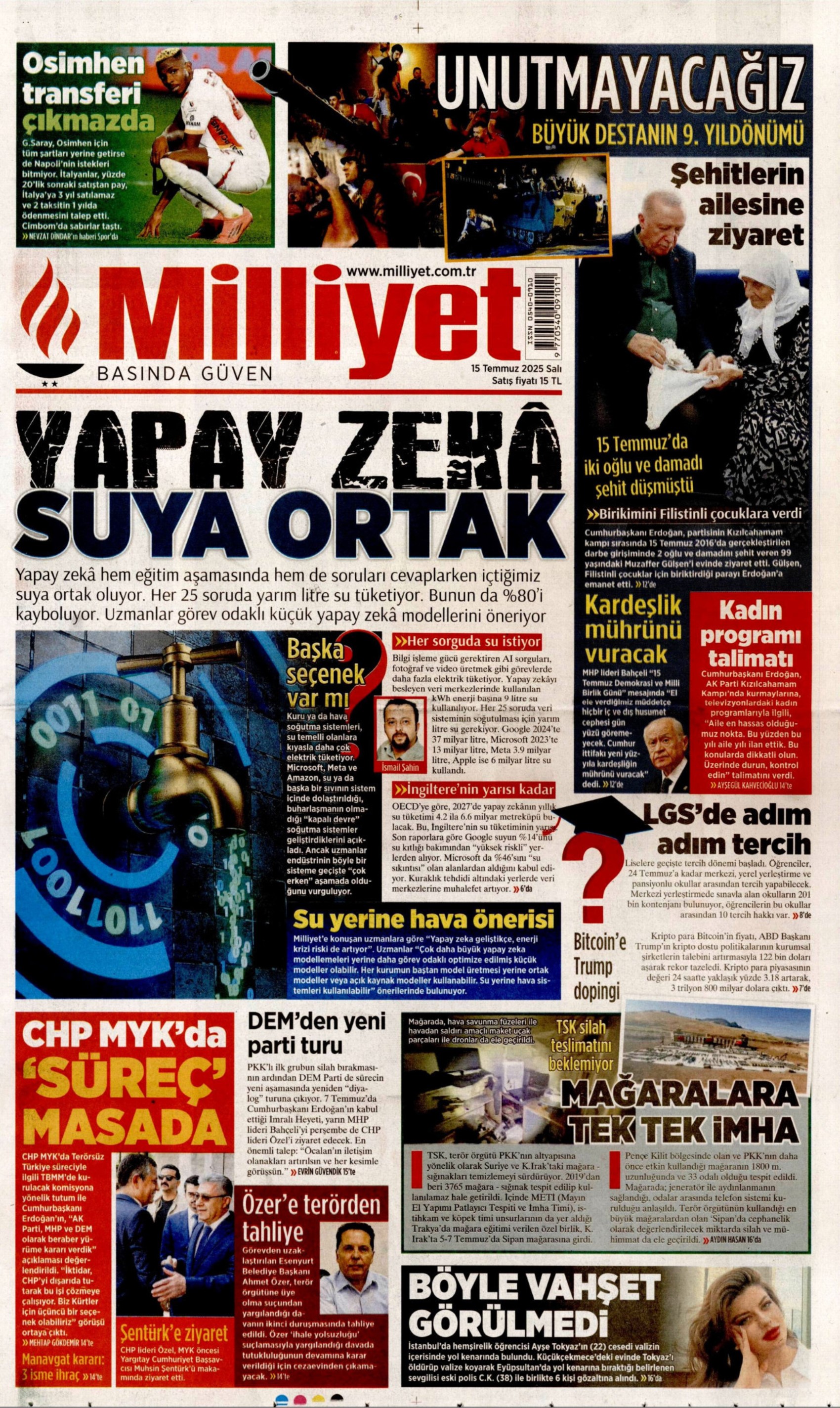 15 Temmuz 2025 gazete manşetleri