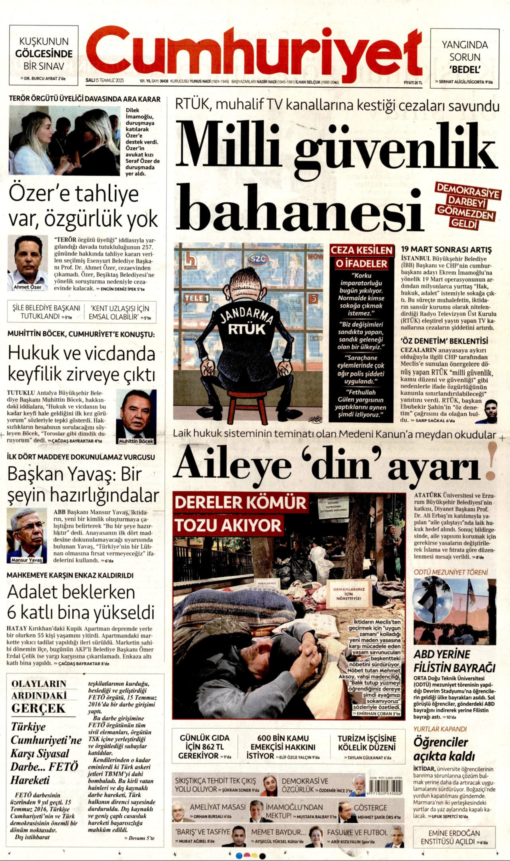 15 Temmuz 2025 gazete manşetleri