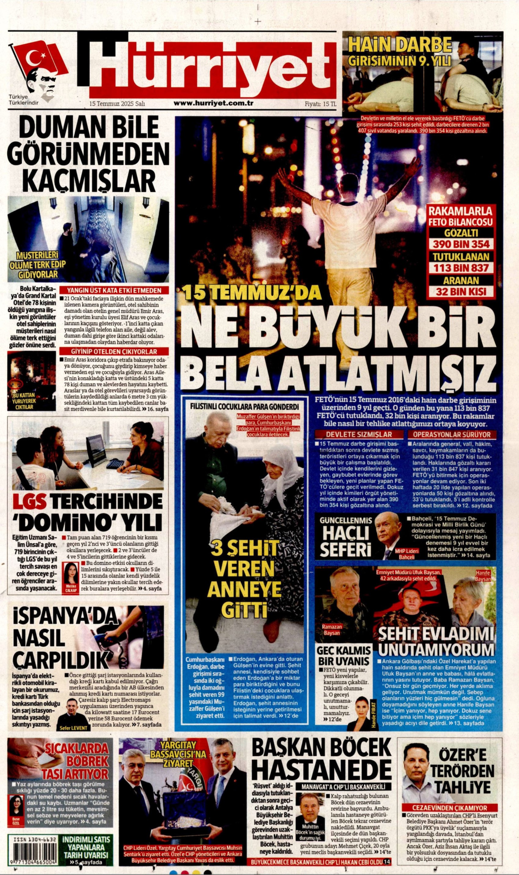 15 Temmuz 2025 gazete manşetleri