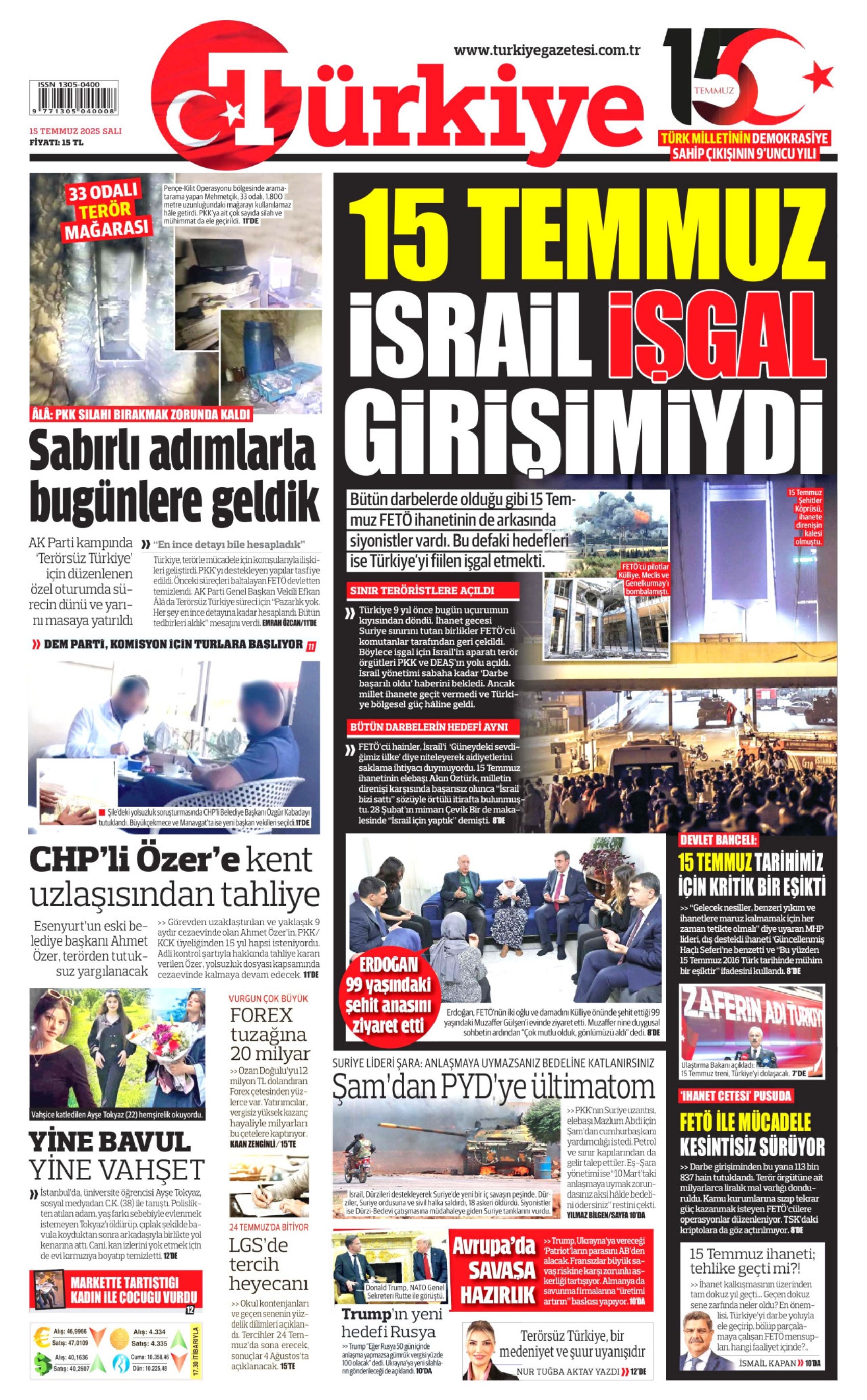 15 Temmuz 2025 gazete manşetleri