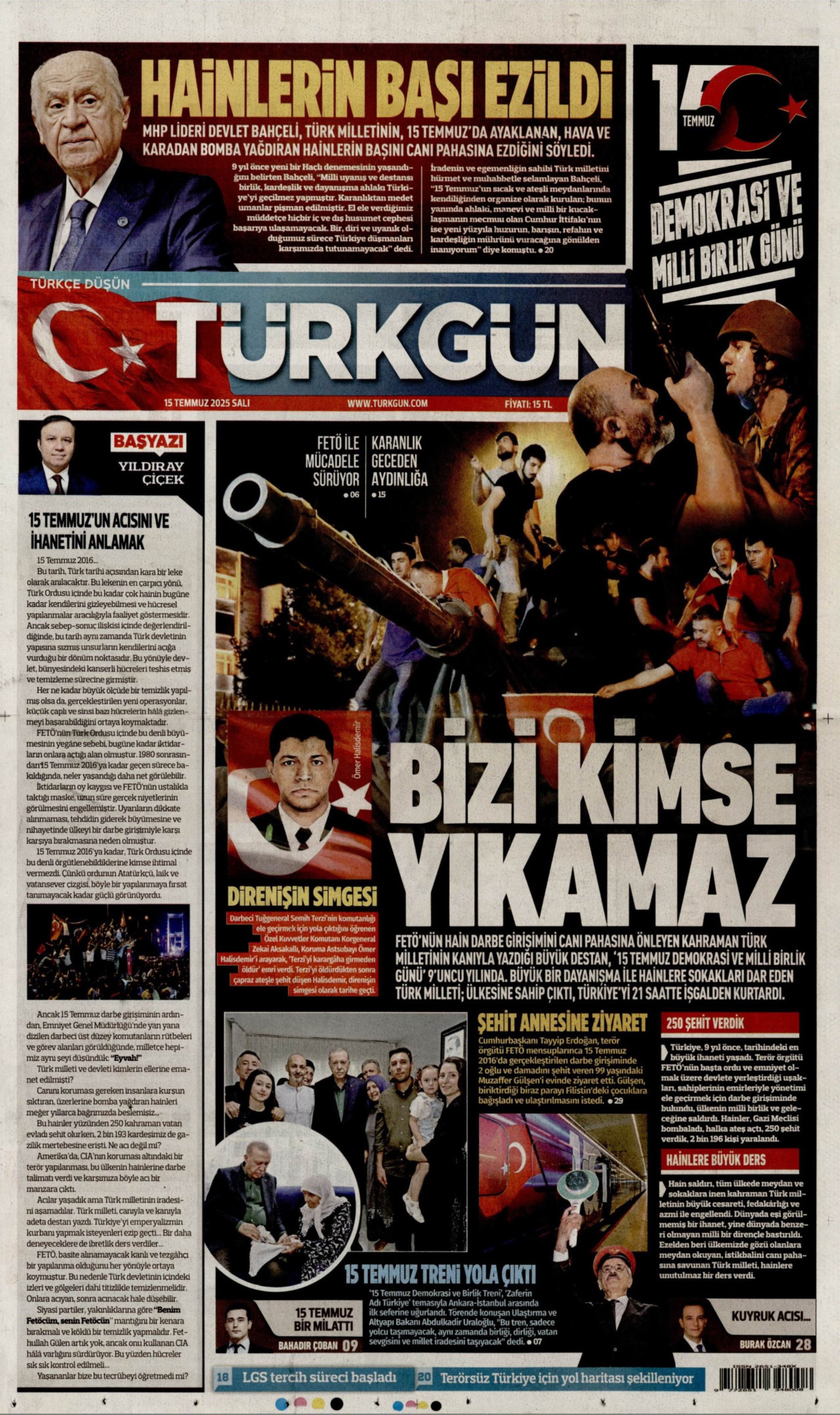 15 Temmuz 2025 gazete manşetleri