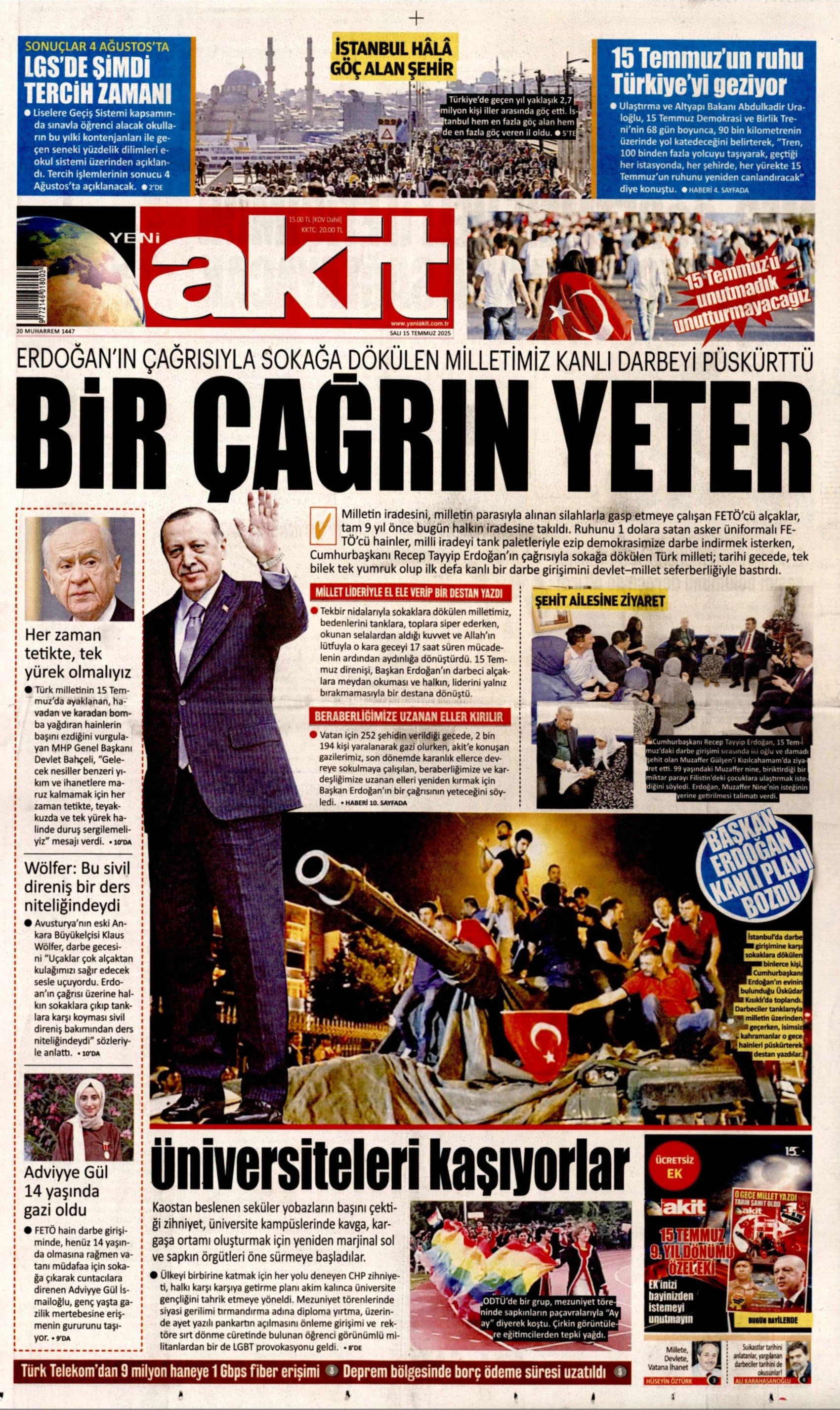 15 Temmuz 2025 gazete manşetleri
