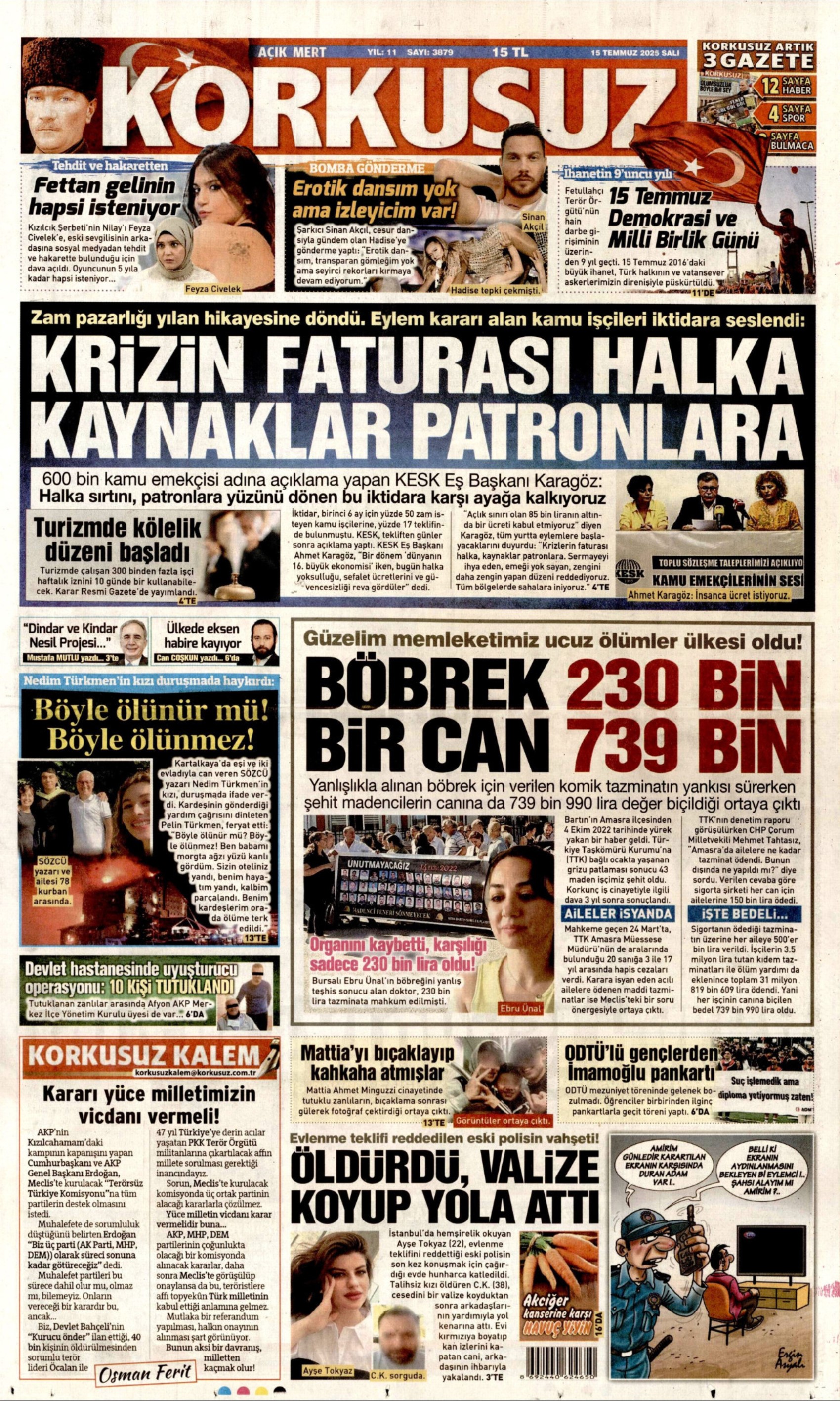 15 Temmuz 2025 gazete manşetleri