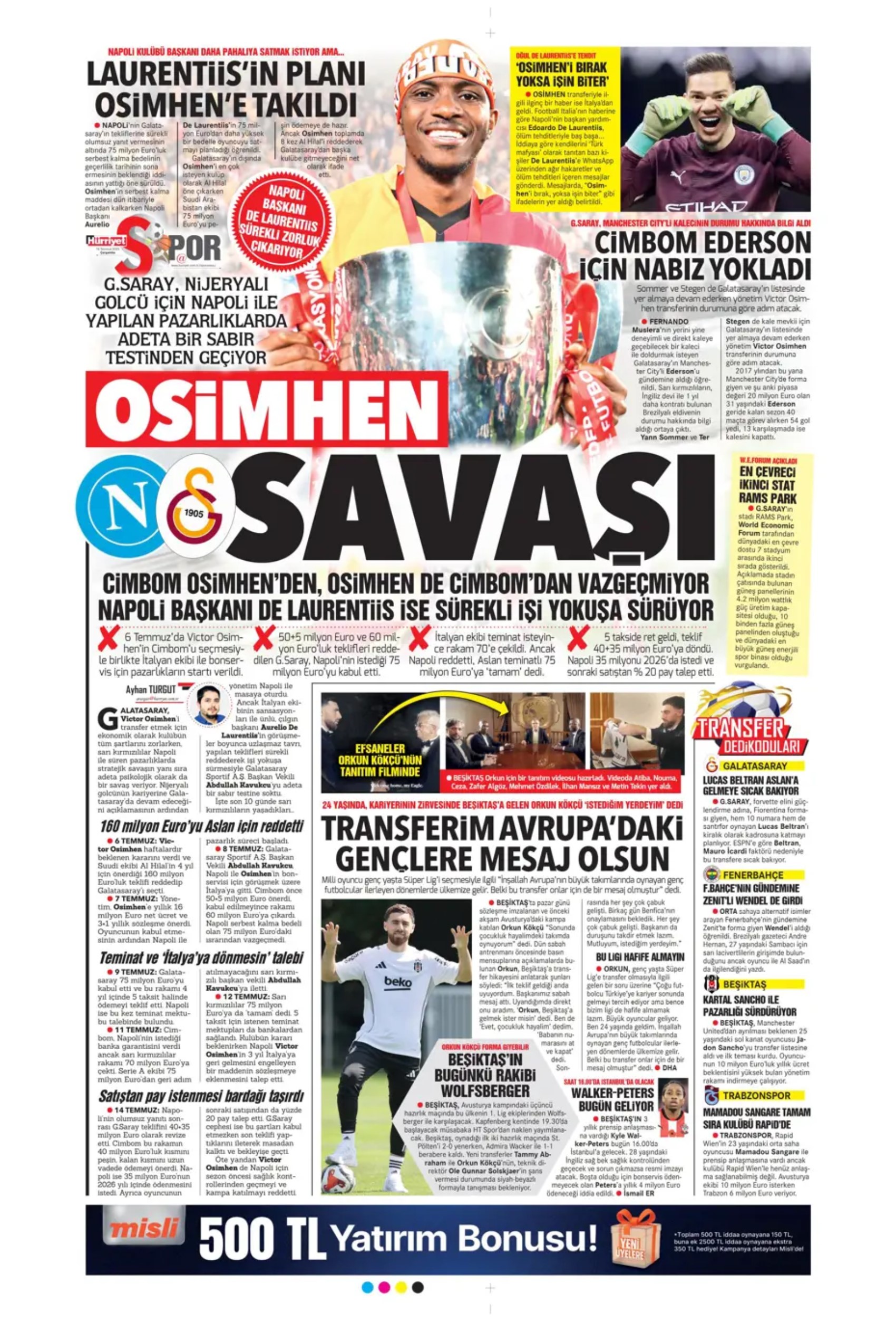 Sporda günün manşetleri: Osimhen'de pay rötarı: Aslan kalede gözünün Ederson'a dikti