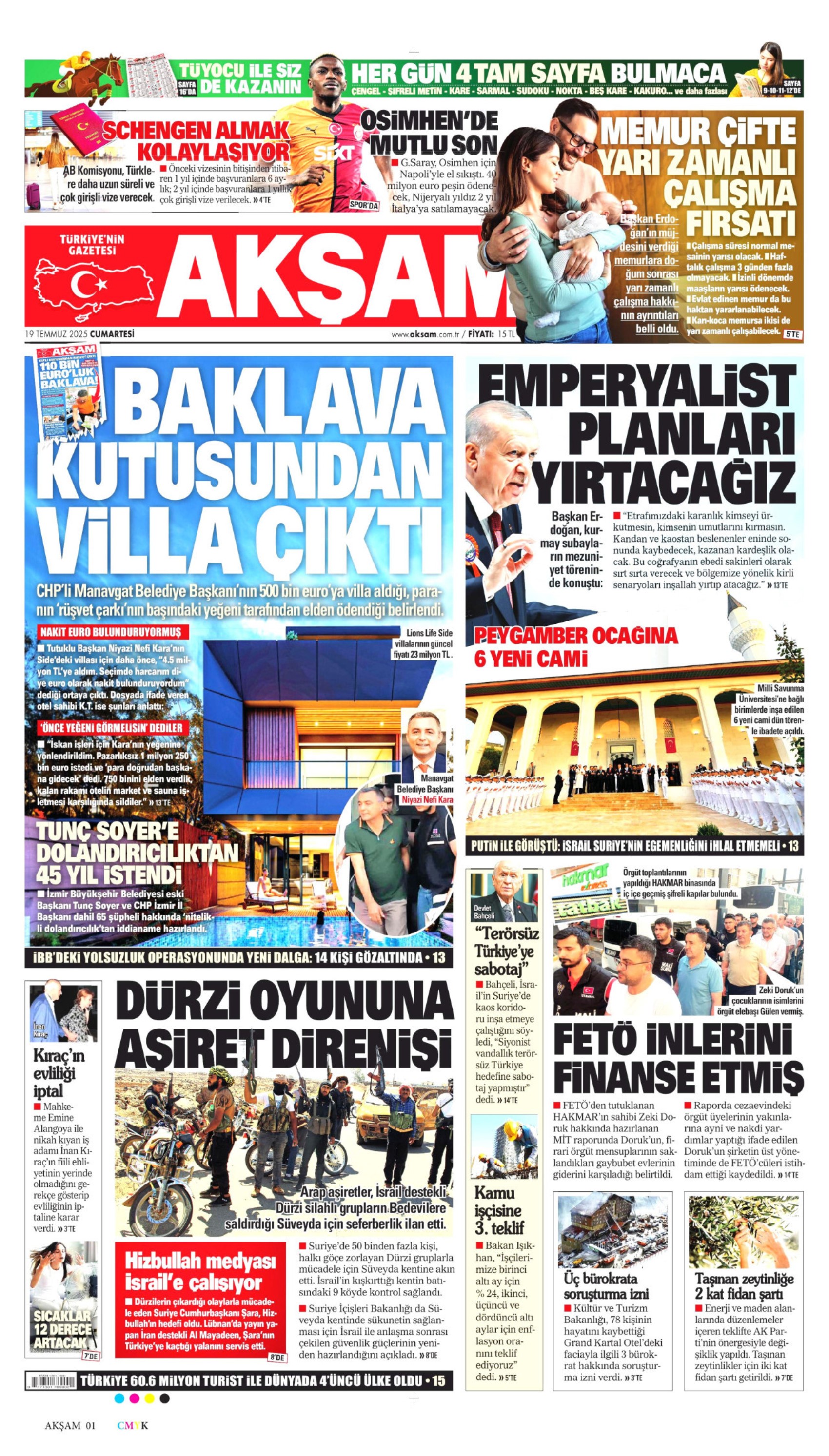 19 Temmuz 2025 gazete manşetleri