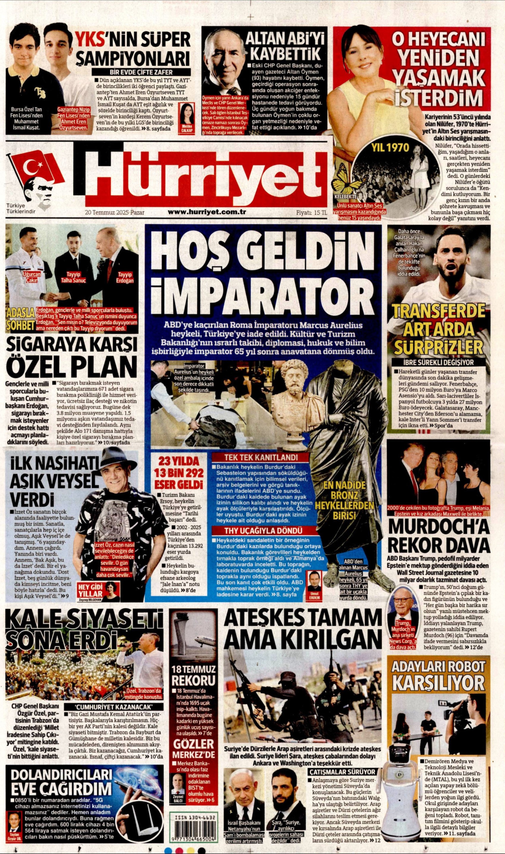 20 Temmuz 2025 gazete manşetleri