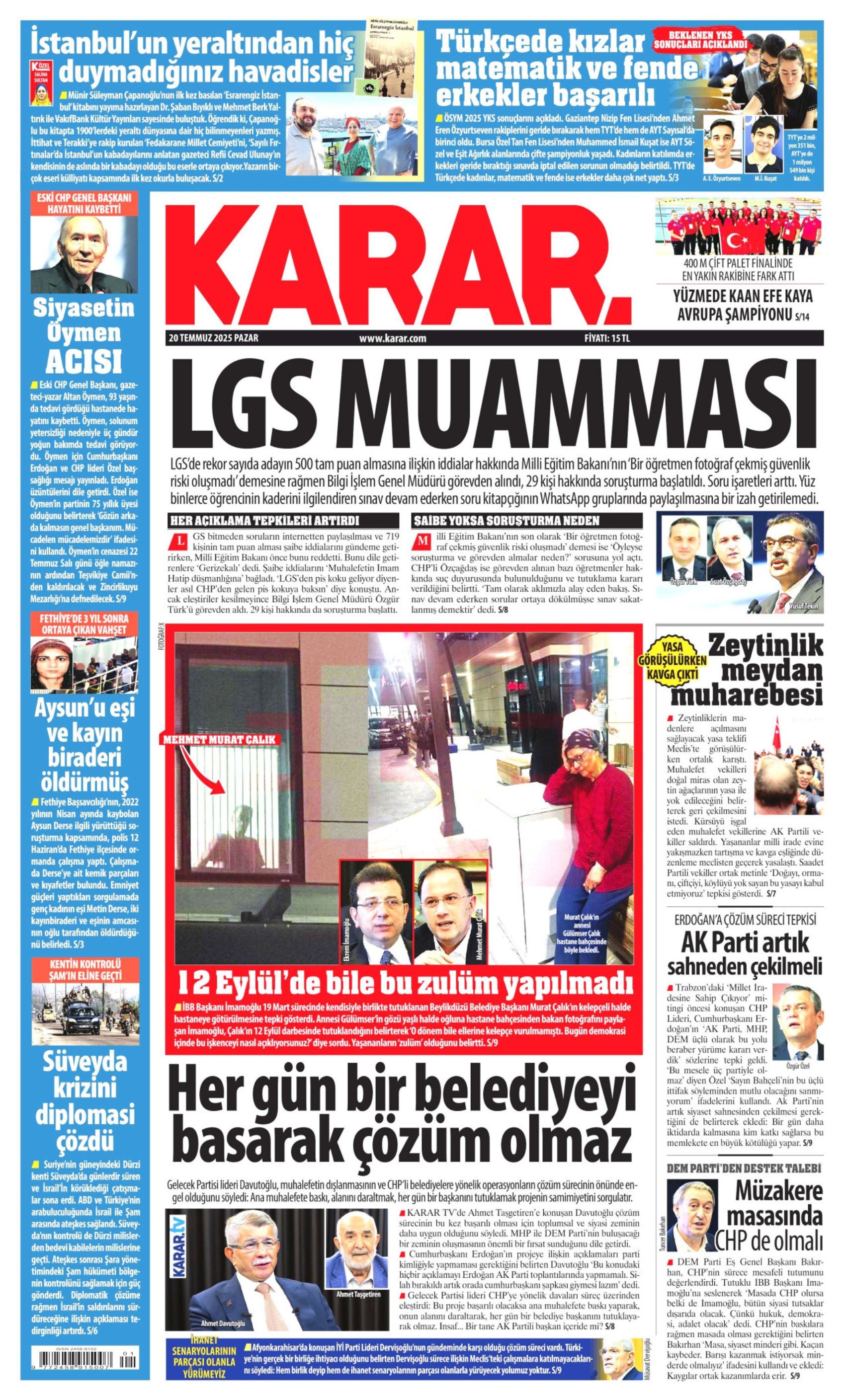 20 Temmuz 2025 gazete manşetleri