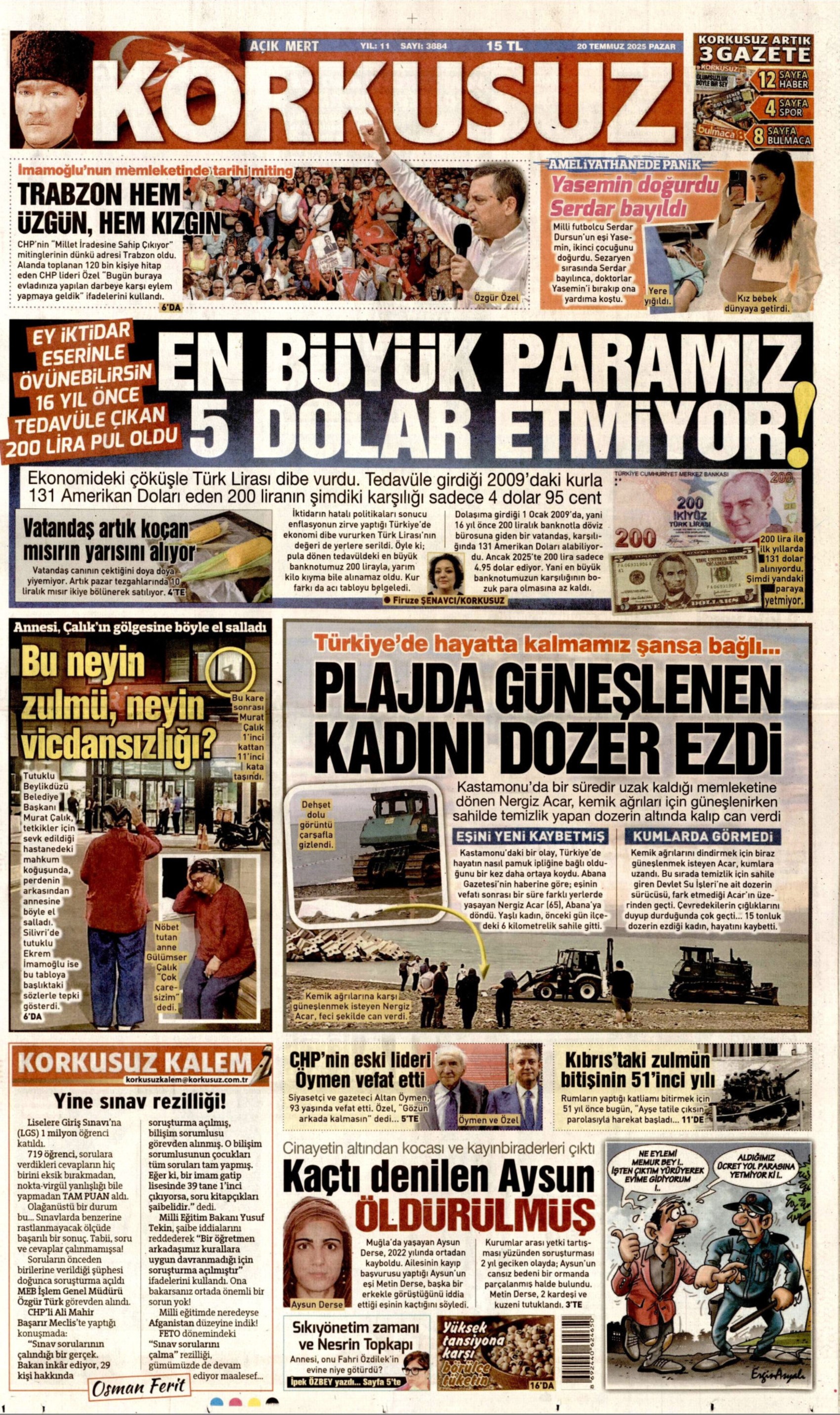 20 Temmuz 2025 gazete manşetleri