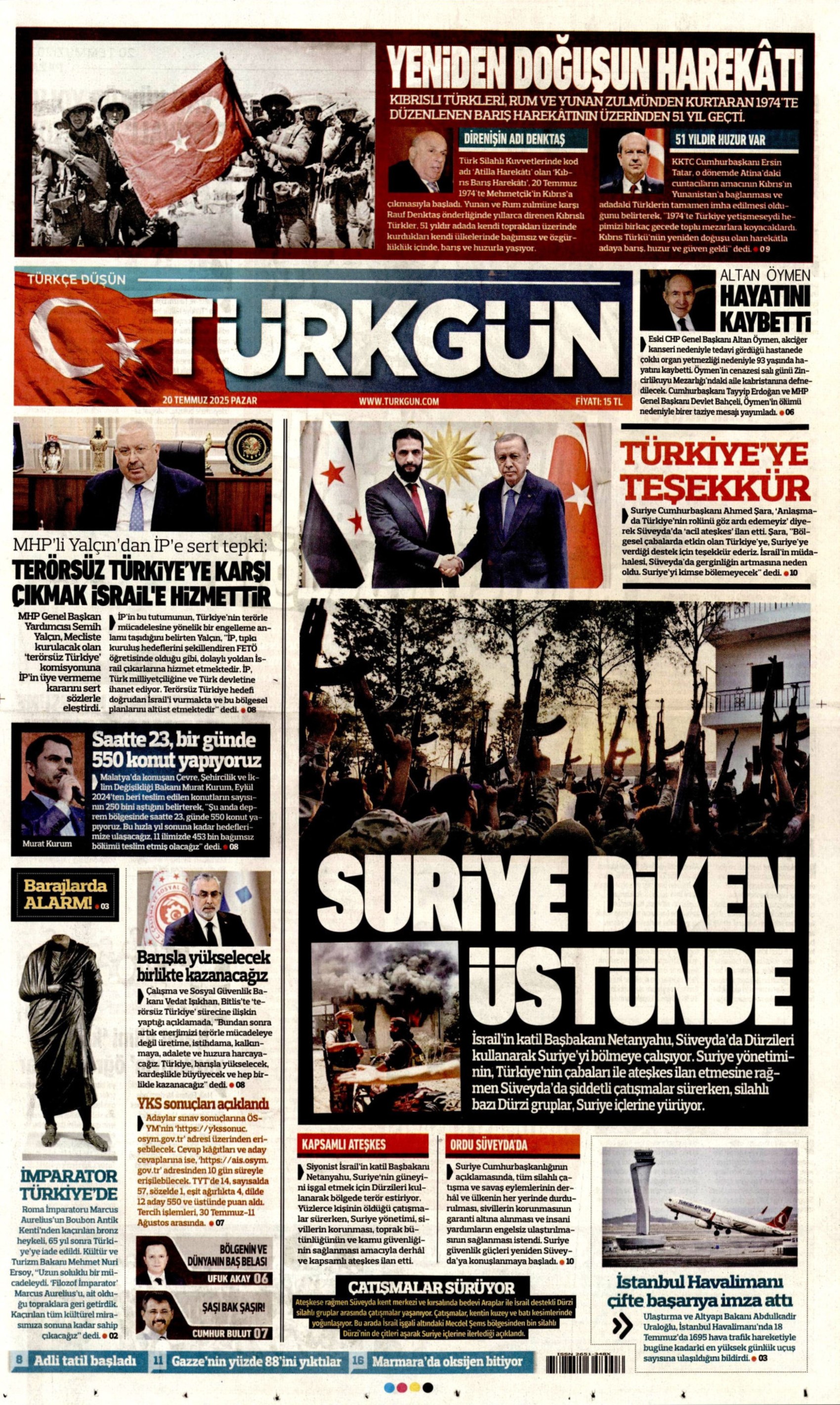 20 Temmuz 2025 gazete manşetleri