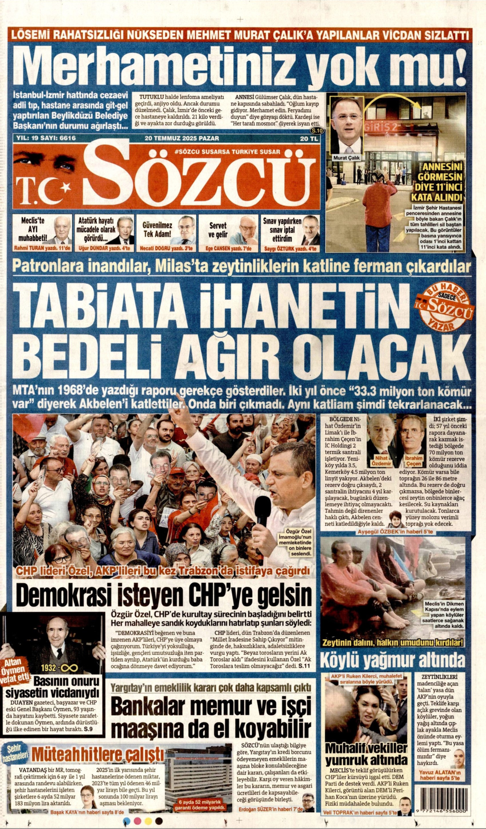 20 Temmuz 2025 gazete manşetleri