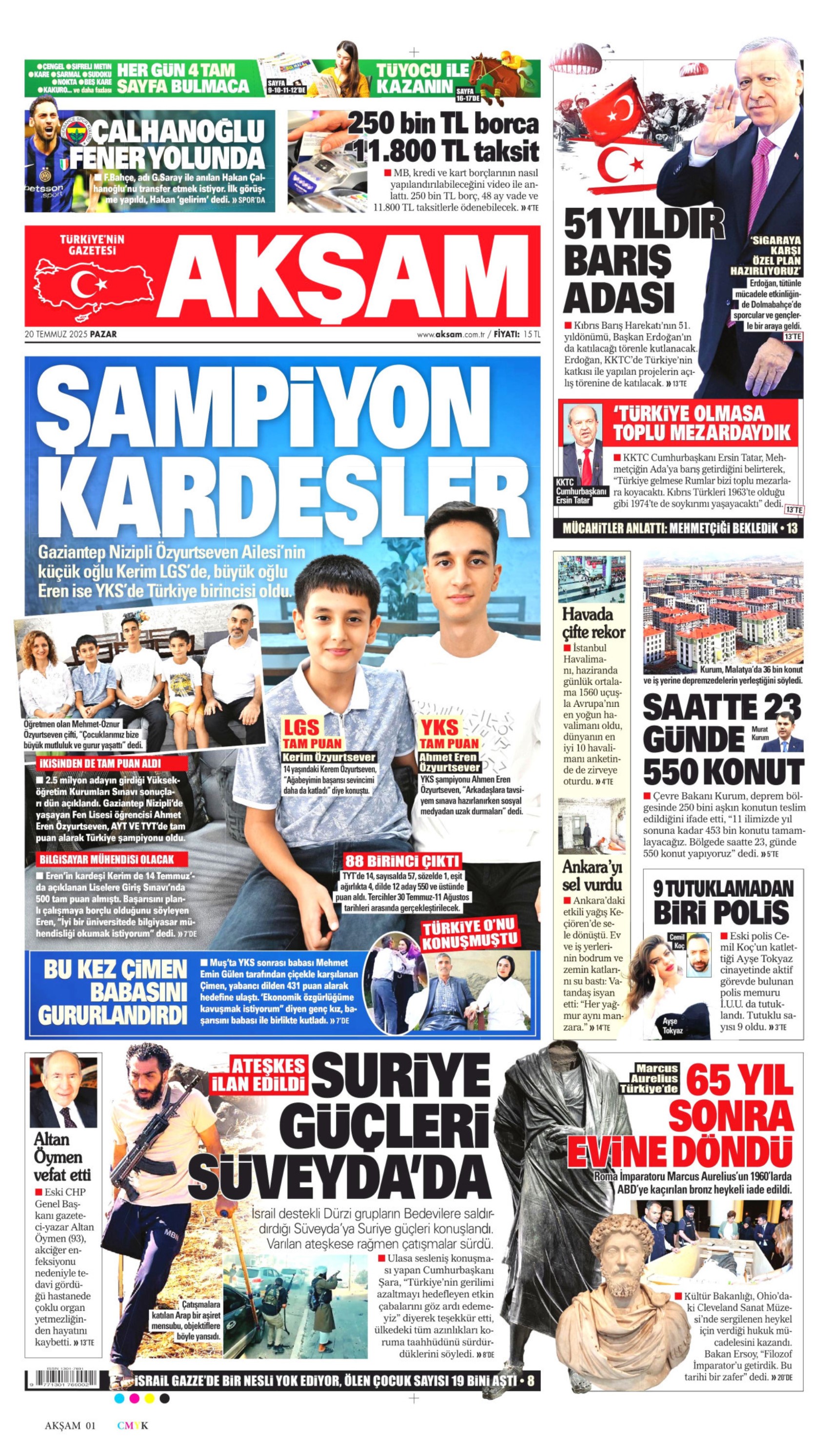20 Temmuz 2025 gazete manşetleri