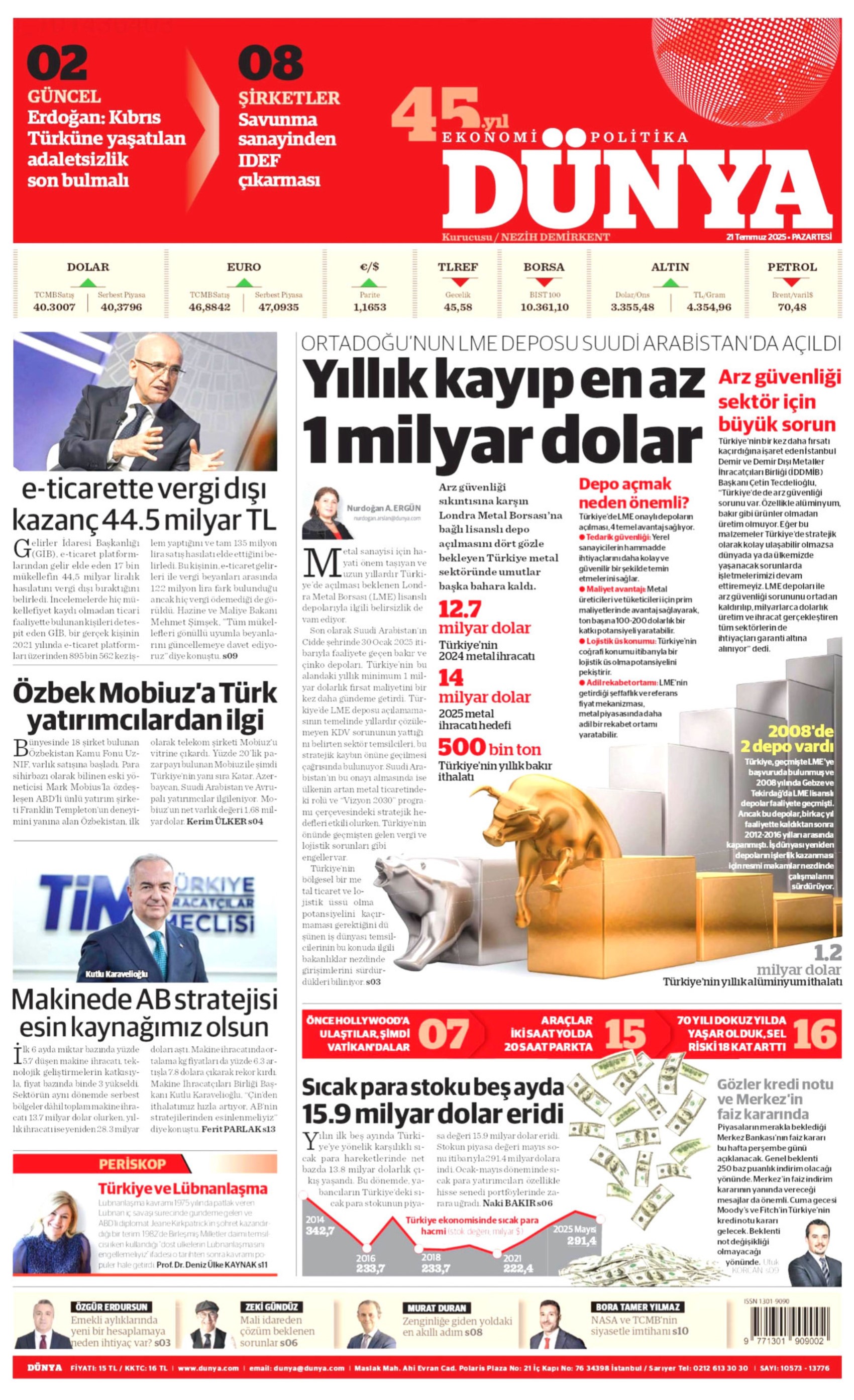21 Temmuz 2025 gazete manşetleri