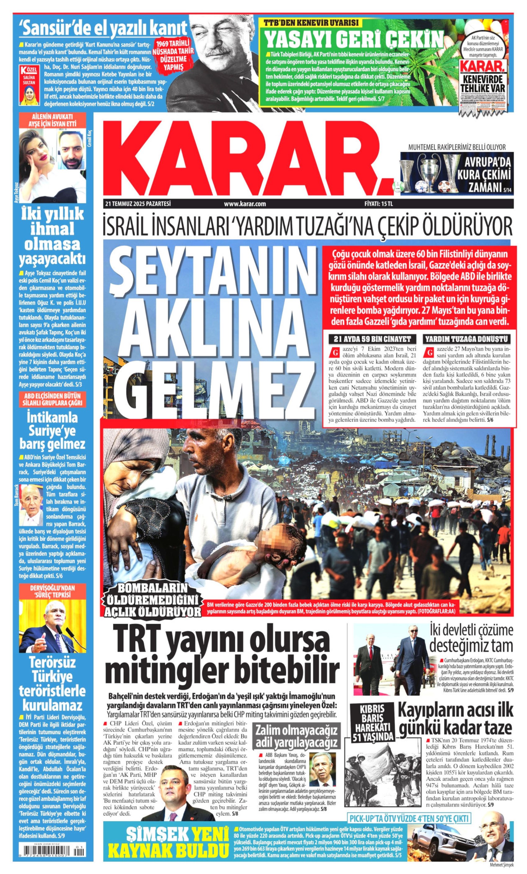 21 Temmuz 2025 gazete manşetleri